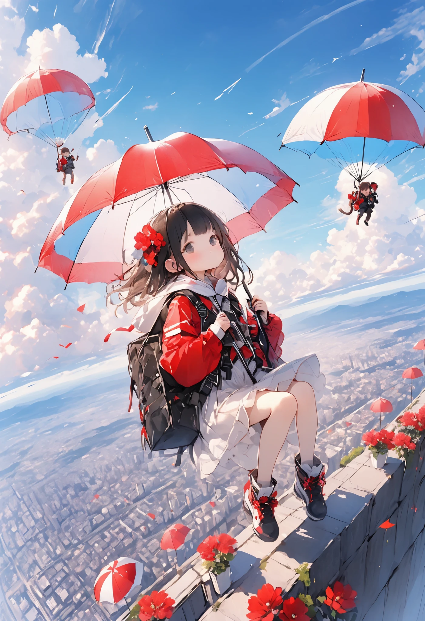 Parachute Day、Vast sky and colorful umbrella flowers、a moment of suspense between free fall and graceful landing