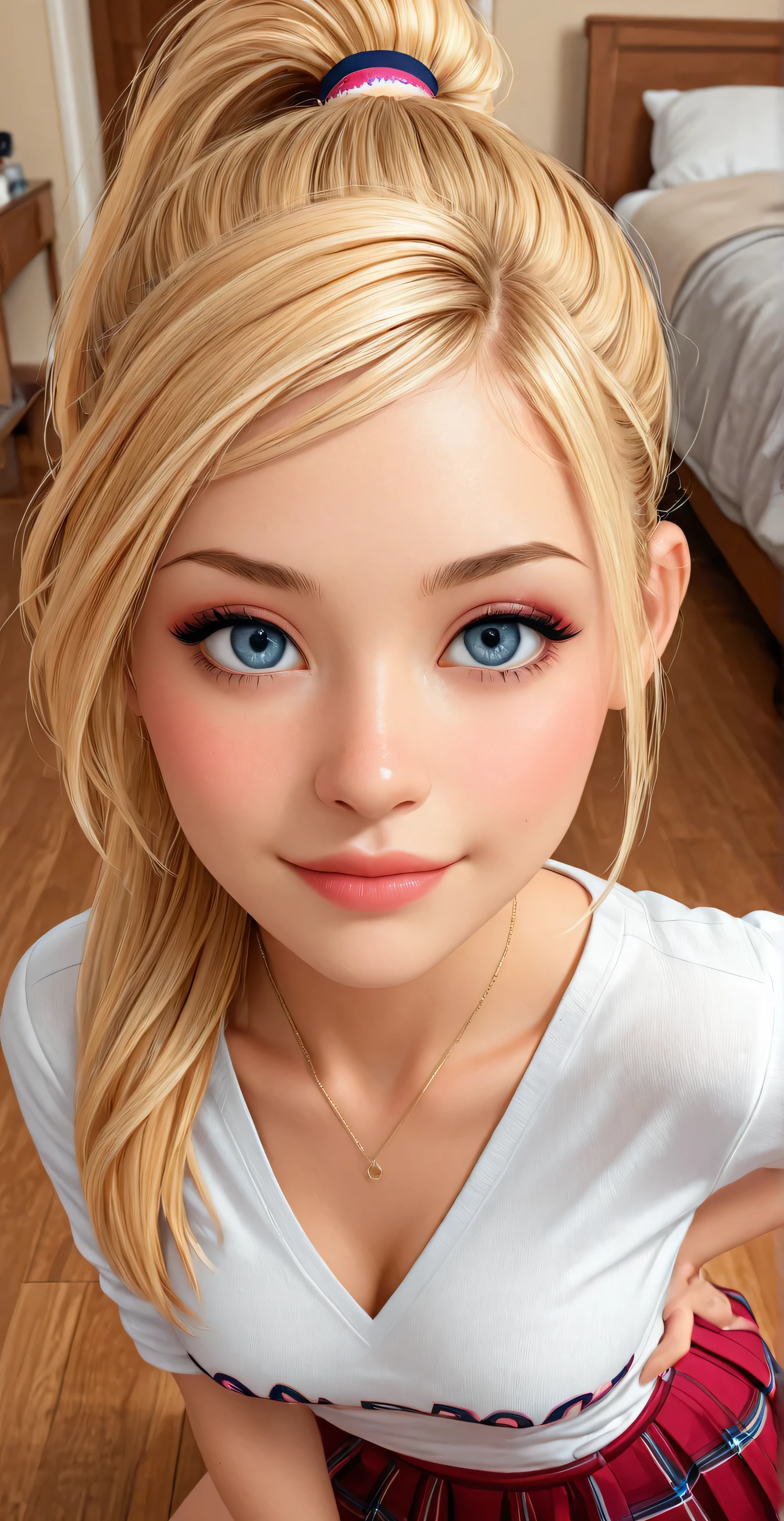 and attractive schoolgirl DMD DMD STYLE, Alone. blonde hair, swept bangs, ponytail, blue eyes, parts, makeup, lápiz labial, upper body, Standing, in front, looking at the viewer, mouth shut, light smile, hand on hip, white shirt, shirt with V-neck, Scottish red skirt. Kneeling in room. Arrodillada looking at the viewer. legs spread, arched back. hand on the floor.