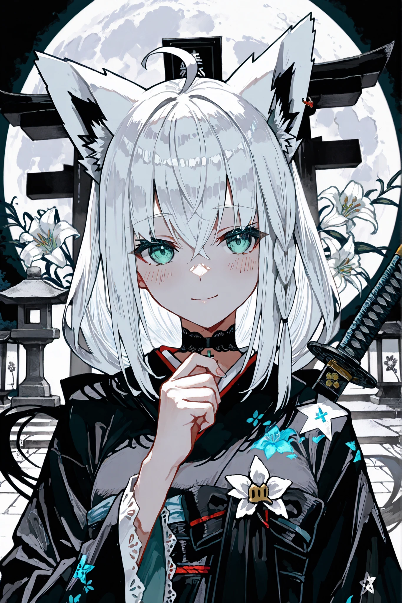 1 sexy gal ,Shirakami Fubuki_(ホロライブ),
girl close up, Highest Quality, masterpiece, 8K Wallpaper, Sumi-painting taste , Gothic Lolita Girl, Gothic Lolita Kimono, Japanese sword, 舞い踊る姿, Jet Black Kimono Dress, lace decoration, do not interfere unless the choker, White Full Moon, giant moon, Night Shrine, In the precincts of Torii, stone lantern, Hand raising the cross, Silver Cross, a mix of Japanese and Western, Ink Flow, dynamic movement of the brush, lily, Shadow Picture Effects, Black and White Contrast, ethereal atmosphere, washi texture, Traditional and Western Fusion, Art, Illustration