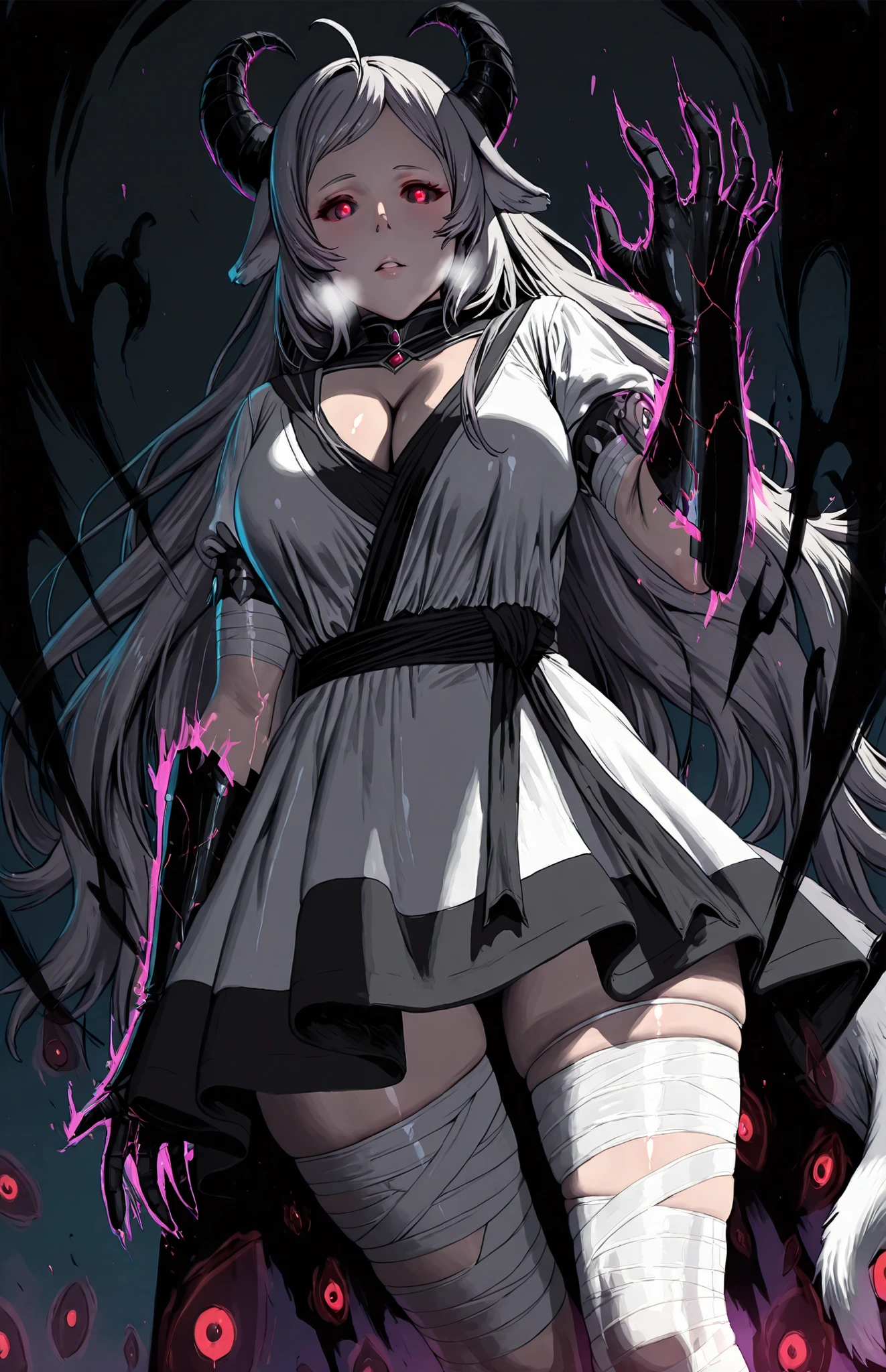 L_Cation2, babu-style, Hgk, (jeneral-style:1.2), (puuzaki_puuna-style:1.2), (mana_(remana)-style:1.3), (toi8-style:1.4), ((anime coloring, anime screencap)), shiny skin, Hand drawn, cinematic, Sharp focus, humorous illustration, big depth of field, Masterpiece, ((derivative)), concept art, trending on artstation, Vivid colors, Simplified style, trending on ArtStation, trending on CGSociety, Intricate, Vibrant colors, Soft Shading, Simplistic Features, Sharp Angles, Playful, (voluptuous body:1.4), (mature female:1.4), (cellulite:1.3), ((anatomical correct)), perfect body, perfect eyes, perfect fingers, gasping, heavy breathing, gasping profusely, ((skindentation)), ((curvy, thigh gap)), long hair, grey hair, red eyes, dog ears, dog tail, bright pupils, (aura), (black aura:1.2), 1girl, breasts, horns, glowing, dress, white_dress, solo, cleavage, bandages, bandaged_leg, glowing_eyes, looking_at_viewer, ahoge, parted_lips, glowing_eye, monster_girl, colored_sclera, black_sclera, black hands, shadow, shadow hands,