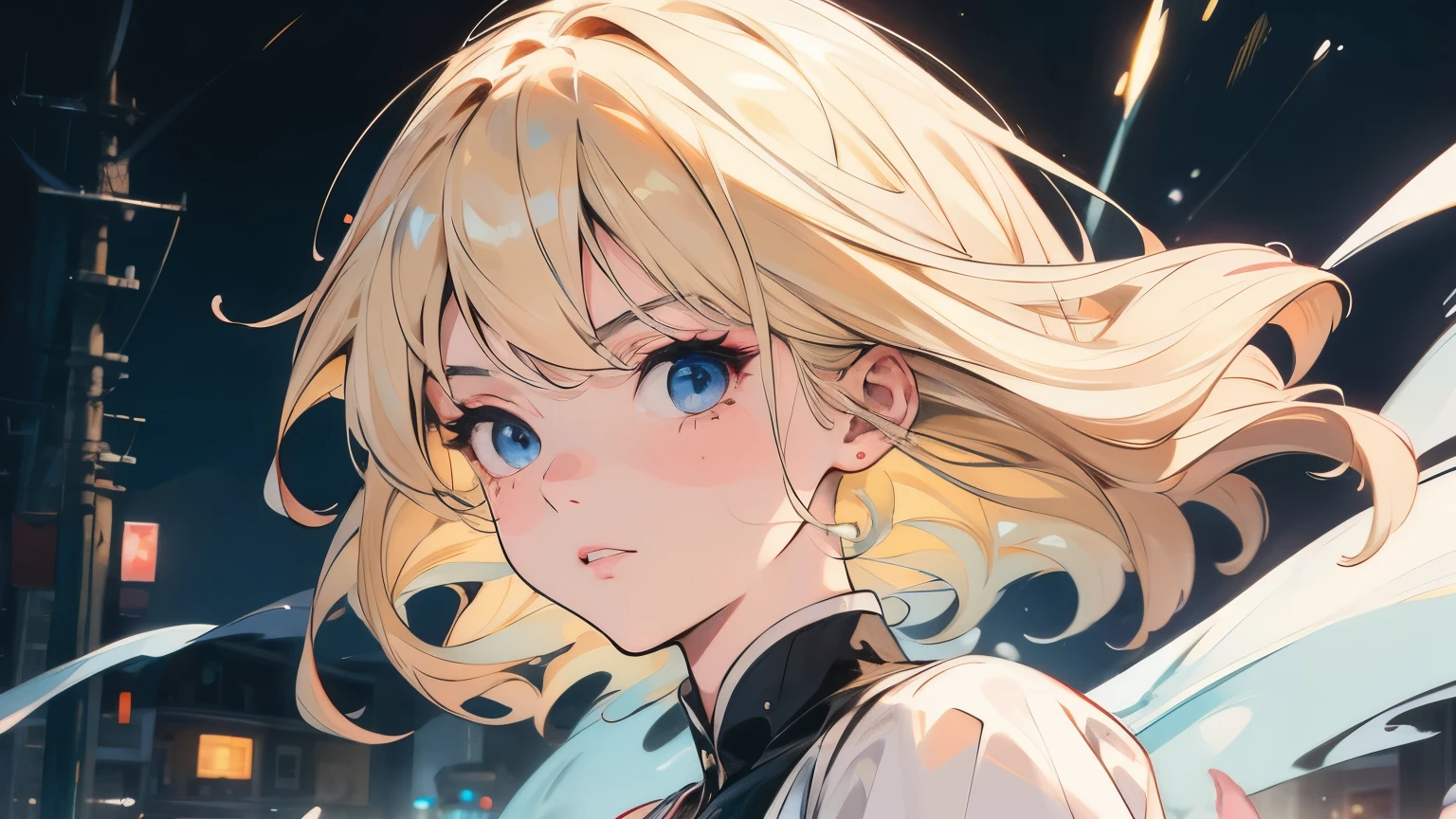 The background is a night town、year zero、solo blond woman、hair shortcut、midnight、Blond woman with blue eyes and eyes、4K high resolution、Ultra Fine、vivid colors、Realistic、HDR、UHD、Studio Lighting、super fine painting、sharp focus、physics-based rendering、Extreme Detailed Description、Professional、bright colors、Bokeh、Full Body、dress