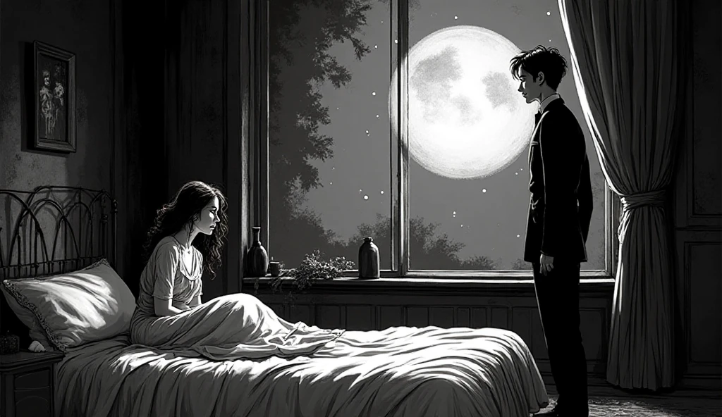 A full black and white gothic cartoon illustration, Tim Burton inspired, depicting a 30-year-old beautiful woman sitting on the bed crying while her husband stands in front of the window, back turned, moonlight highlighting emotional distance. The image must show the characters’ entire bodies.
