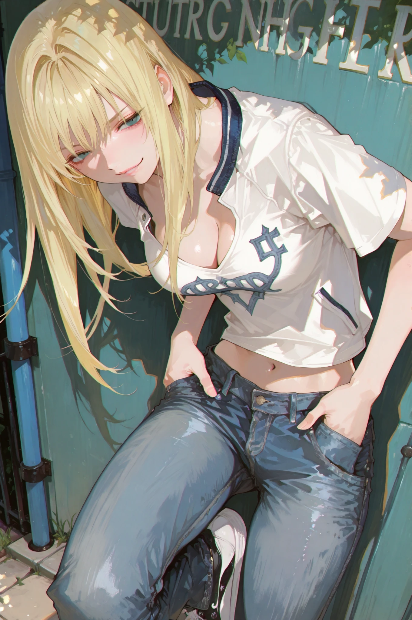 masterpiece:1.5, ultra-detailed, in the style of Oh! Great, stylish manga illustration, sharp and bold line art, expressive inking, semi-realistic anatomy, blonde-haired girl with long hair, wearing short varsity jacket, plain white T-shirt, denim jeans, and sneakers, standing confidently with both hands in pockets, one leg slightly forward, bright sunlight, urban park background, standing in front of a wall adorned with graphic art, cinematic dutch angle composition, strong rimlight, confident smirk, realistic fabric folds and shadows, modern Japanese illustration style)(cleavage,navel)