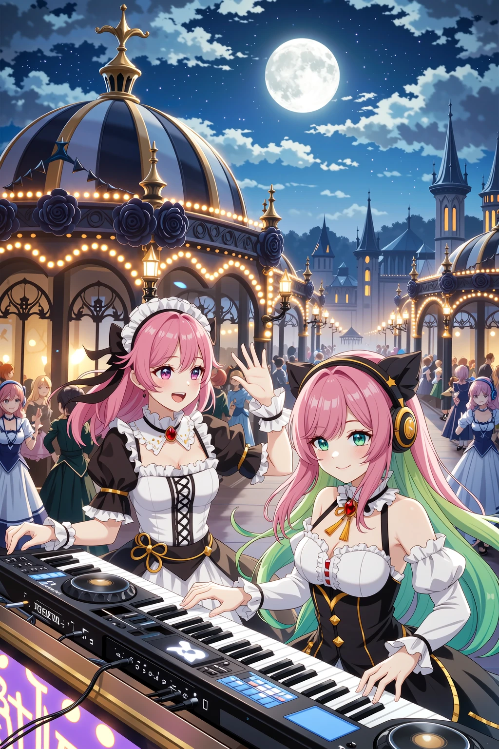 This illustration is completely unified in a Gothic Style.  
A night view of a fantasy theme park's gothic parade, with many elaborately decorated floats stretching along the parade path into the distance.  
Each float is adorned with intricate stained glass, baroque ironwork, black roses, gothic ornaments, and elegant candelabras.  
The parade floats are populated by theme park mascot characters performing cute and entertaining acts for the guests.  
In the front-most float, Iroha and Lumière Vernote are performing:

Iroha — a human girl with pink hair in a side braid, finely detailed face, smooth soft skin.  
She wears a feminine gothic fashion dress decorated with lace, white frills, ribbons, and a red gemstone brooch.  
Iroha faces to the right with a bright smile, waving gracefully toward the audience in a dynamic pose, her dress and ribbons fluttering in motion under the moonlight.  

Lumière Vernote — a girl with long straight hair fading from pink to pale green, deep green eyes, and a calm, confident expression.  
She wears a stylish gothic DJ outfit in black and dark green tones with golden accents and gothic motif headphones.  
Lumière faces to the left in a dynamic performance stance, her fingers moving swiftly across a glowing keyboard as she sends waves of sound toward the guests, surrounded by glowing notes and particles of light.  

The scene is illuminated by glowing candlelight, silver moonlight, and drifting mist, creating a dramatic and elegant gothic atmosphere.  
Distant floats gradually fade into the mist, creating a sense of depth and grandeur for the parade.  
Cinematic photorealistic lighting, ultra-detailed, masterpiece, best quality, ornate and elegant gothic fantasy, photorealistic illustration.
