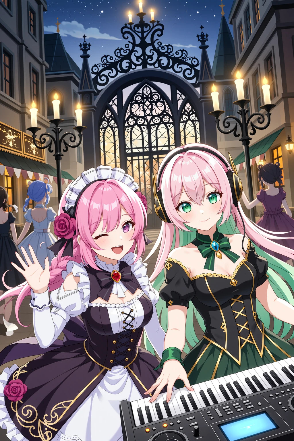 This illustration is completely unified in a Gothic Style.  
A night view of a fantasy theme park's gothic parade, with many elaborately decorated floats stretching along the parade path into the distance.  
Each float is adorned with intricate stained glass, baroque ironwork, black roses, gothic ornaments, and elegant candelabras.  
The parade floats are populated by theme park mascot characters performing cute and entertaining acts for the guests.  
In the front-most float, Iroha and Lumière Vernote are performing:

Iroha — a human girl with pink hair in a side braid, finely detailed face, smooth soft skin.  
She wears a feminine gothic fashion dress decorated with lace, white frills, ribbons, and a red gemstone brooch.  
Iroha faces to the right with a bright smile, waving gracefully toward the audience in a dynamic pose, her dress and ribbons fluttering in motion under the moonlight.  

Lumière Vernote — a girl with long straight hair fading from pink to pale green, deep green eyes, and a calm, confident expression.  
She wears a stylish gothic DJ outfit in black and dark green tones with golden accents and gothic motif headphones.  
Lumière faces to the left in a dynamic performance stance, her fingers moving swiftly across a glowing keyboard as she sends waves of sound toward the guests, surrounded by glowing notes and particles of light.  

The scene is illuminated by glowing candlelight, silver moonlight, and drifting mist, creating a dramatic and elegant gothic atmosphere.  
Distant floats gradually fade into the mist, creating a sense of depth and grandeur for the parade.  
Cinematic photorealistic lighting, ultra-detailed, masterpiece, best quality, ornate and elegant gothic fantasy, photorealistic illustration.
