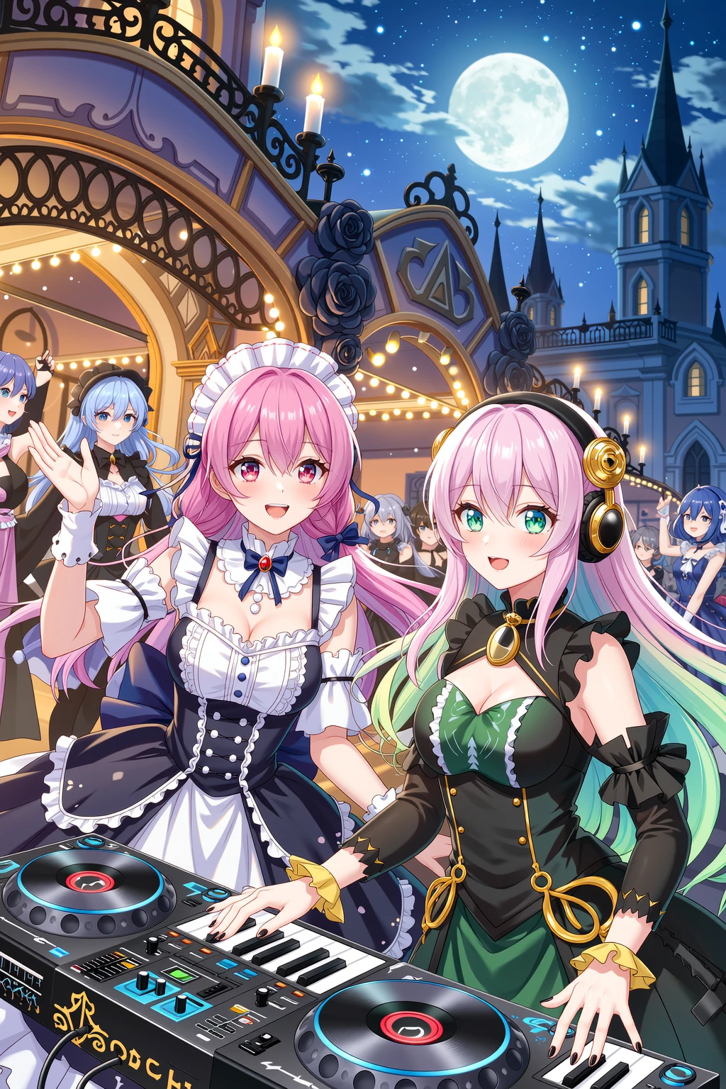 This illustration is completely unified in a Gothic Style.  
A night view of a fantasy theme park's gothic parade, with many elaborately decorated floats stretching along the parade path into the distance.  
Each float is adorned with intricate stained glass, baroque ironwork, black roses, gothic ornaments, and elegant candelabras.  
The parade floats are populated by theme park mascot characters performing cute and entertaining acts for the guests.  
In the front-most float, Iroha and Lumière Vernote are performing:

Iroha — a human girl with pink hair in a side braid, finely detailed face, smooth soft skin.  
She wears a feminine gothic fashion dress decorated with lace, white frills, ribbons, and a red gemstone brooch.  
Iroha faces to the right with a bright smile, waving gracefully toward the audience in a dynamic pose, her dress and ribbons fluttering in motion under the moonlight.  

Lumière Vernote — a girl with long straight hair fading from pink to pale green, deep green eyes, and a calm, confident expression.  
She wears a stylish gothic DJ outfit in black and dark green tones with golden accents and gothic motif headphones.  
Lumière faces to the left in a dynamic performance stance, her fingers moving swiftly across a glowing keyboard as she sends waves of sound toward the guests, surrounded by glowing notes and particles of light.  

The scene is illuminated by glowing candlelight, silver moonlight, and drifting mist, creating a dramatic and elegant gothic atmosphere.  
Distant floats gradually fade into the mist, creating a sense of depth and grandeur for the parade.  
Cinematic photorealistic lighting, ultra-detailed, masterpiece, best quality, ornate and elegant gothic fantasy, photorealistic illustration.
