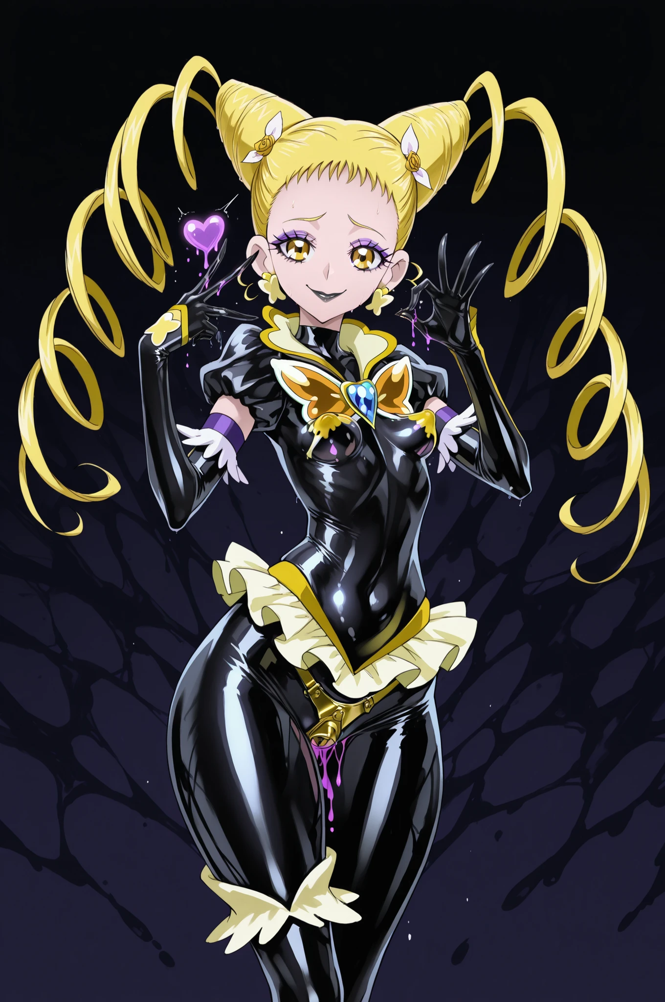 Cure Lemonade. Yellow hair. Villain eyeshadow. Purple eyeshadow. Sarcastic smile. Black lips. Glossy skin. Black latex costume. Latex bodysuit. Yellow frills. Collar with heart crystal. Dripping chastity belt. Metal panties. Perky breasts. Slender body. Large waist. Thick thighs. Detailed thighs. Asymmetrical posing legs. OK hand sign. Black slime background. Dripping slime