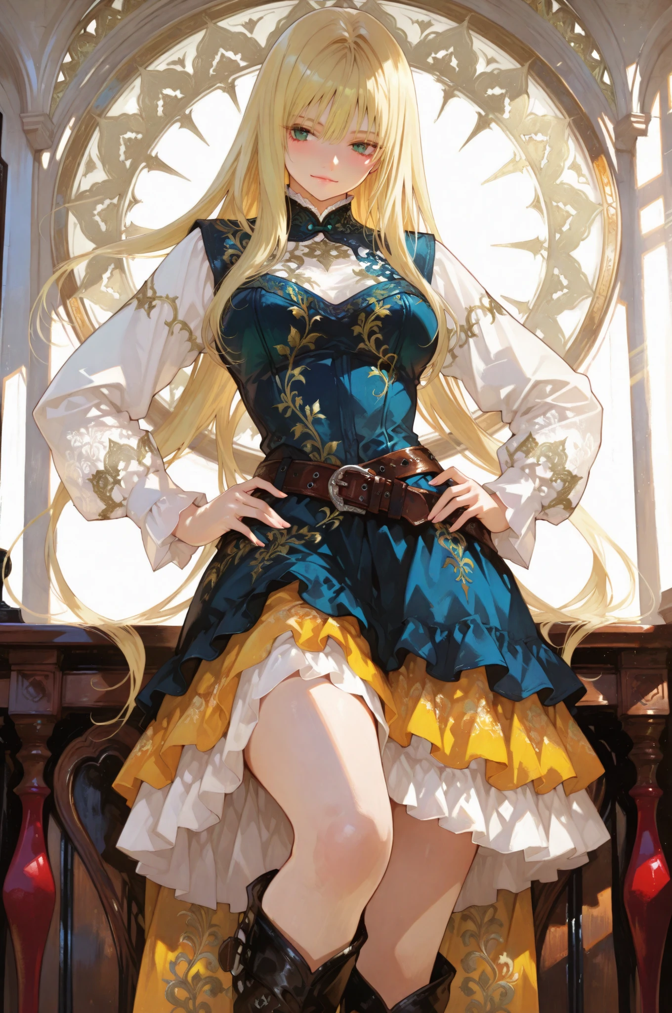 (masterpiece:1.5, ultra-detailed, in the style of Oh! Great, sharp and bold line art, expressive inking, semi-realistic anatomy with long graceful limbs, blonde-haired girl with flowing hair, wearing modern eastern-european inspired outfit, embroidered long-sleeve top with wide cuffs, layered skirt with ornate patterns, leather belt, tall boots, standing in elegant stylish pose with one leg slightly bent, hands resting on hips, confident calm gaze, bright natural sunlight, gentle breeze moving fabric, cinematic perspective, vivid rimlight, detailed textures and contrast, modern Japanese illustration style)
