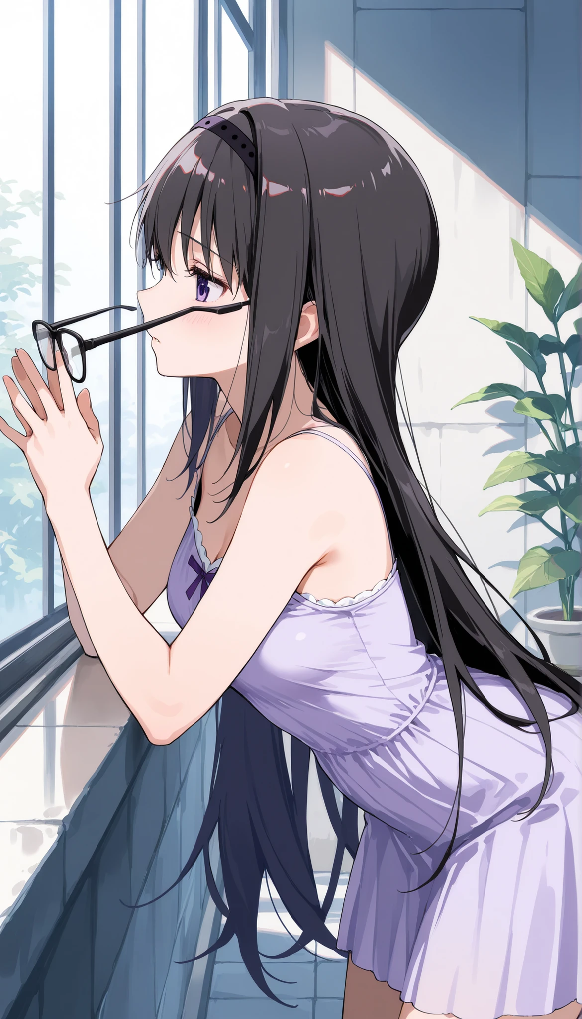 Ultra high definition 、ultra high definition 1girl, Akemi Homura_魔法少女まどか☆マギカ (black hair, long red hair, 髪band, purple eyes, ,profile,beautiful girl leaning forward, light purple camisole dress、 )、School Courtyard、brush、is embarrassing、is taking off her glasses,Hold the glass with both hands,
