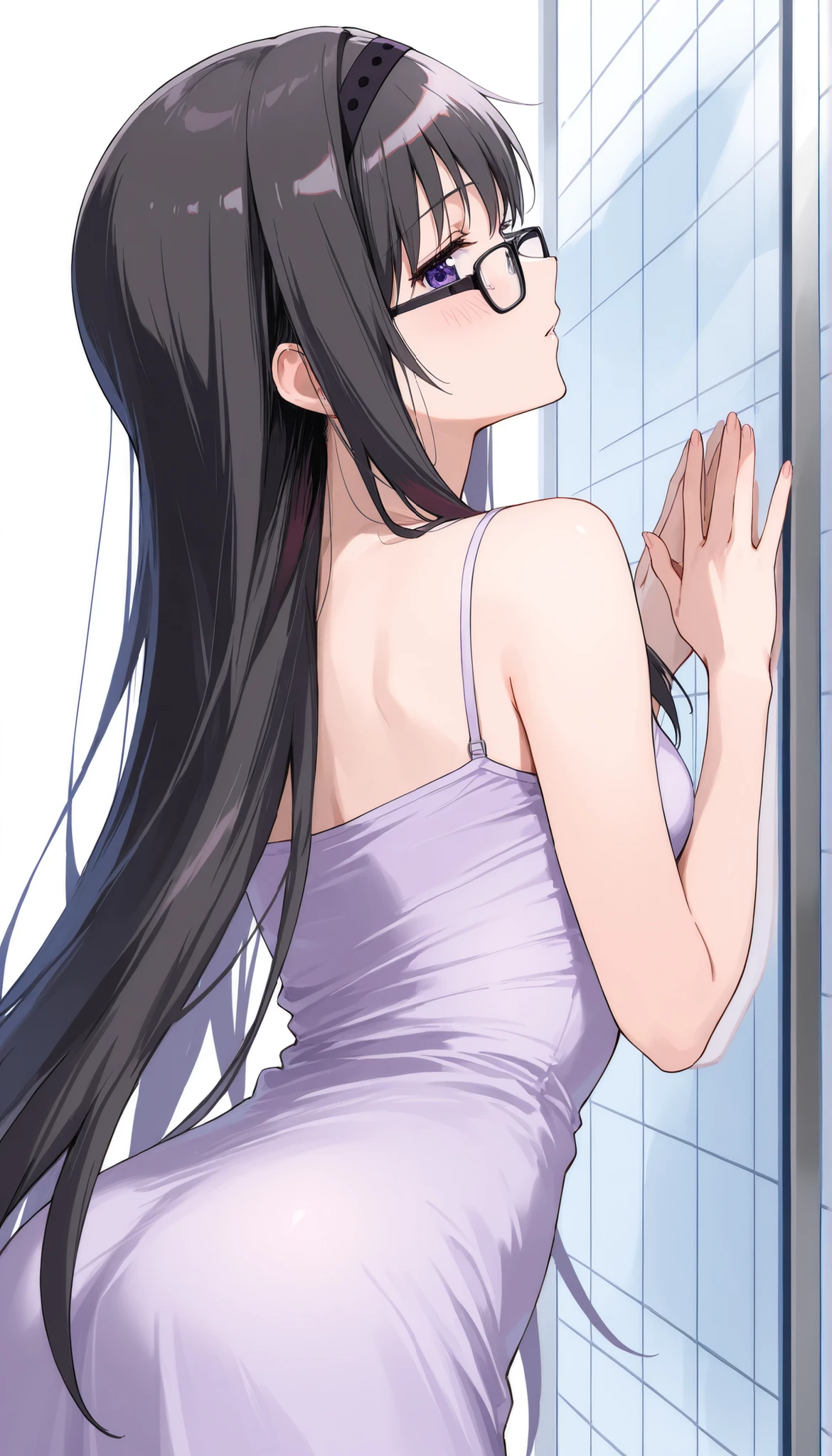Ultra high definition 、ultra high definition 1girl, Akemi Homura_魔法少女まどか☆マギカ (black hair, long red hair, 髪band, purple eyes, ,profile,beautiful girl leaning forward, light purple camisole dress、 )、School Courtyard、brush、is embarrassing、is taking off her glasses,Hold the glass with both hands,