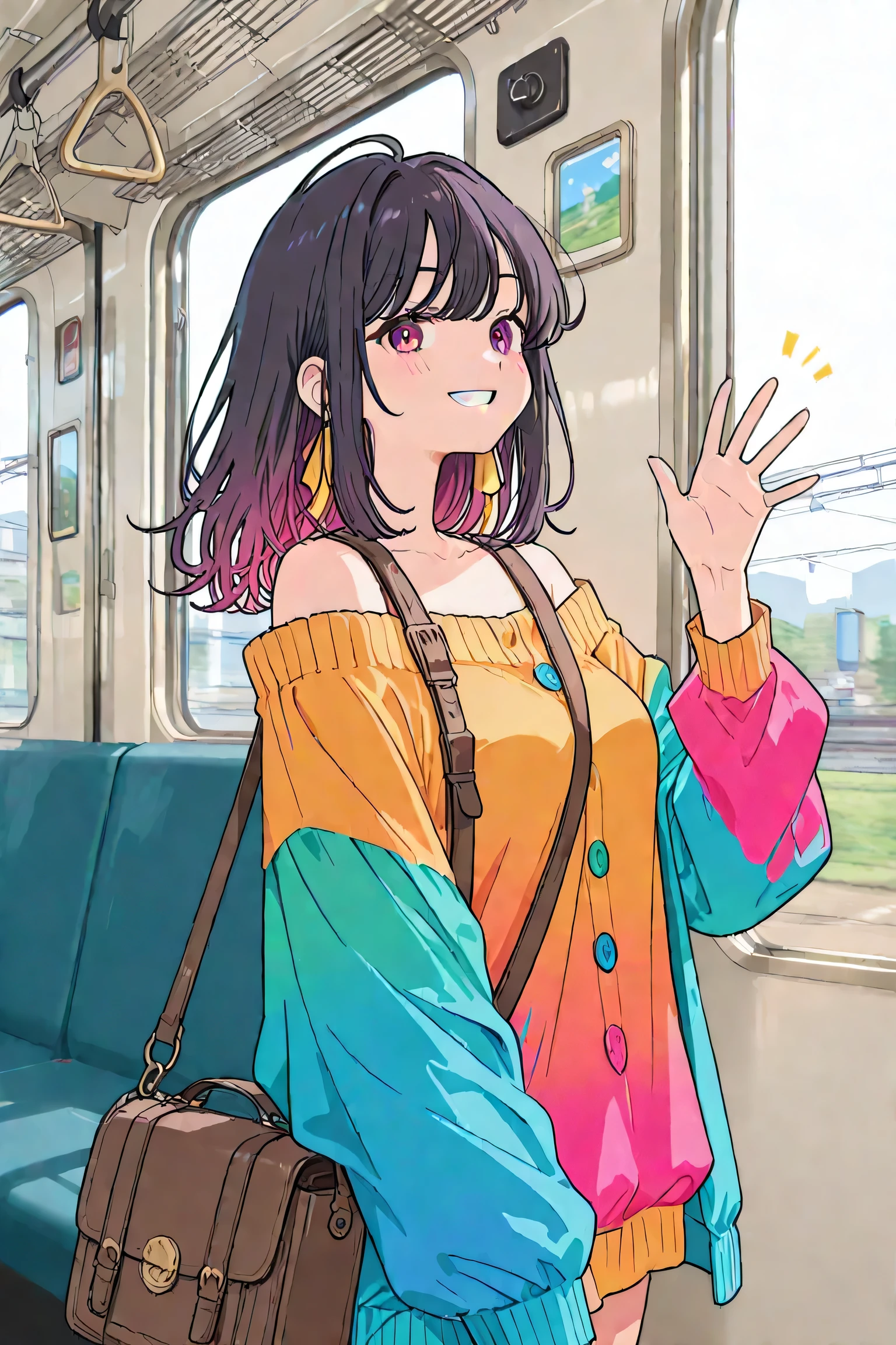 Girl in clothes with big buttons、sweater、Teenage Girls、Off-the-shoulder clothing、on the train、 waving her hand and smiling 、Resplendent Car Window
