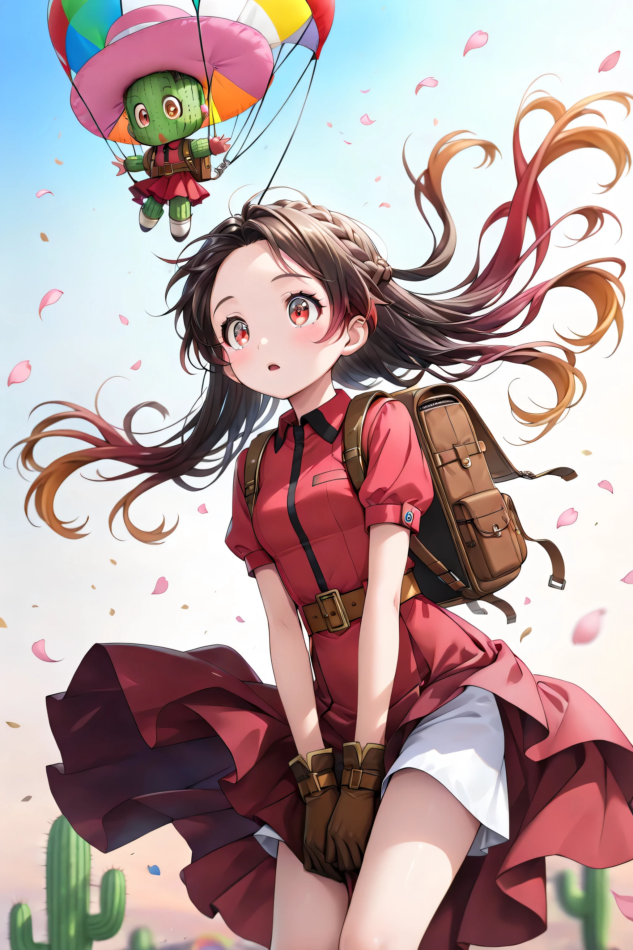 (Masterpiece), (Highest Quality), (High Score), (High Resolution), (4k), (heroine girl is in the sky:1.4), Uncensored,
(Fantasy, (Spring), (Morning), (Clear Sky), (Outdoors),(1 girl,solo, and 1 cactus monster),),,BREAK,(game CG),
(in the sky:1.5),(She is in the sky:1.5),.

(,(magical world),(Sky, small sun, clear skies ,Rainbow), ,,(skydiving scene:1.4),(A girl descending from the sky,(Colorful parachute)),,(heroine girl is in the sky:1.4),,(One Round cactus, cactus monster,cactus man,flying cactus, color-changing monster),(Anatomically accurate structure),Sky,),
((wind,(Falling petals),（Skirts fluttering in the wind）、(Hair flowing in the wind), (hairdetailer:1.5),(detailed face:1.4),(beautiful detailed eyes:1.4), [(depth of field, shallow depth of field, background gradually blurred, sharp focus on character),:1.4)][(Sidelight:1.4)],[(matte skin:1.4)0.5],))

((famale,MimiT, brown hair, crown braid, (Brown backpack, backpack straps, colorful parachute), [(gradient hair from dark red to brown:1.4)0.6], Large cowboy hat, pink hat), red dress, short sleeves, red cape, very long skirt, Ruffled skirt, red skirt, white collared boots, Brown belt, (Thimbles, brown gloves), white shorts, (small breasts), (Slender),,BREAK, (tiny:1.4), (Short torso), (small hip), ), (surprised), (opened mouth), big eyes,), BREAK,midair in the sky,,BREAK,(bent knees:1.2),(legs together:1),(head down:1.4),(leaning forward:1.2),(one arm between legs:1),(arm above head:1.5),[looking ahead],[cowboy shot:],
solo,