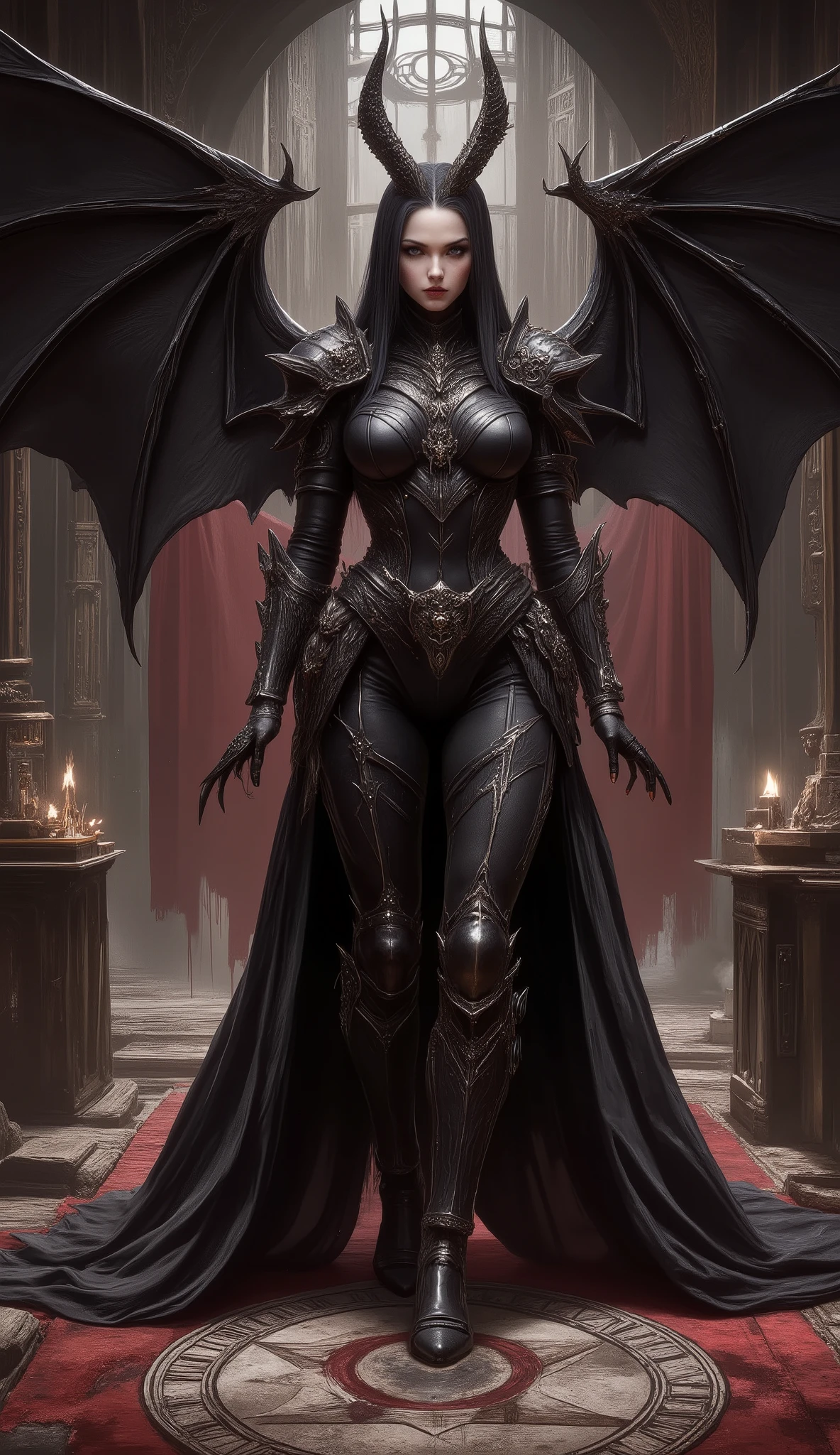 female knight,CTAI- Hand and foot details v1.0,dark vibe,dark mood,dark clothes,masterpiece、top quality、detailed expressions、well-balanced Full body composition、8K、very realistic style、anatomically accurate hands and fingers、Accurate Proportions、Full body candid portrait、summoned female superior demons standing on top of the magic circle、the woman is staring at me with her legs aligned、with slightly extended arms、 dark目で私を見つめている、28 years old、tall from the school building、large black devil wings growing on her back、 Devil's Horn 、black semi-long straight hair(FL)、pointed ears、double eyelid、Deep velvet thick lips、 Pure White Skin、 choker 、bust size is D cup、black tight leather suit、matte black modern armor suit、Clothes and armor are decorated with silver rims、leather belt with silver buckle、Multiple black leather belts with buckles on her arms and legs、Six-pointed star magic circle drawn in gold with a very precise pattern、Background with an altar of devil worship and candles placed inside a Western-style building with a crimson carpet、 dark、pale light shining in from above、cinematic lighting