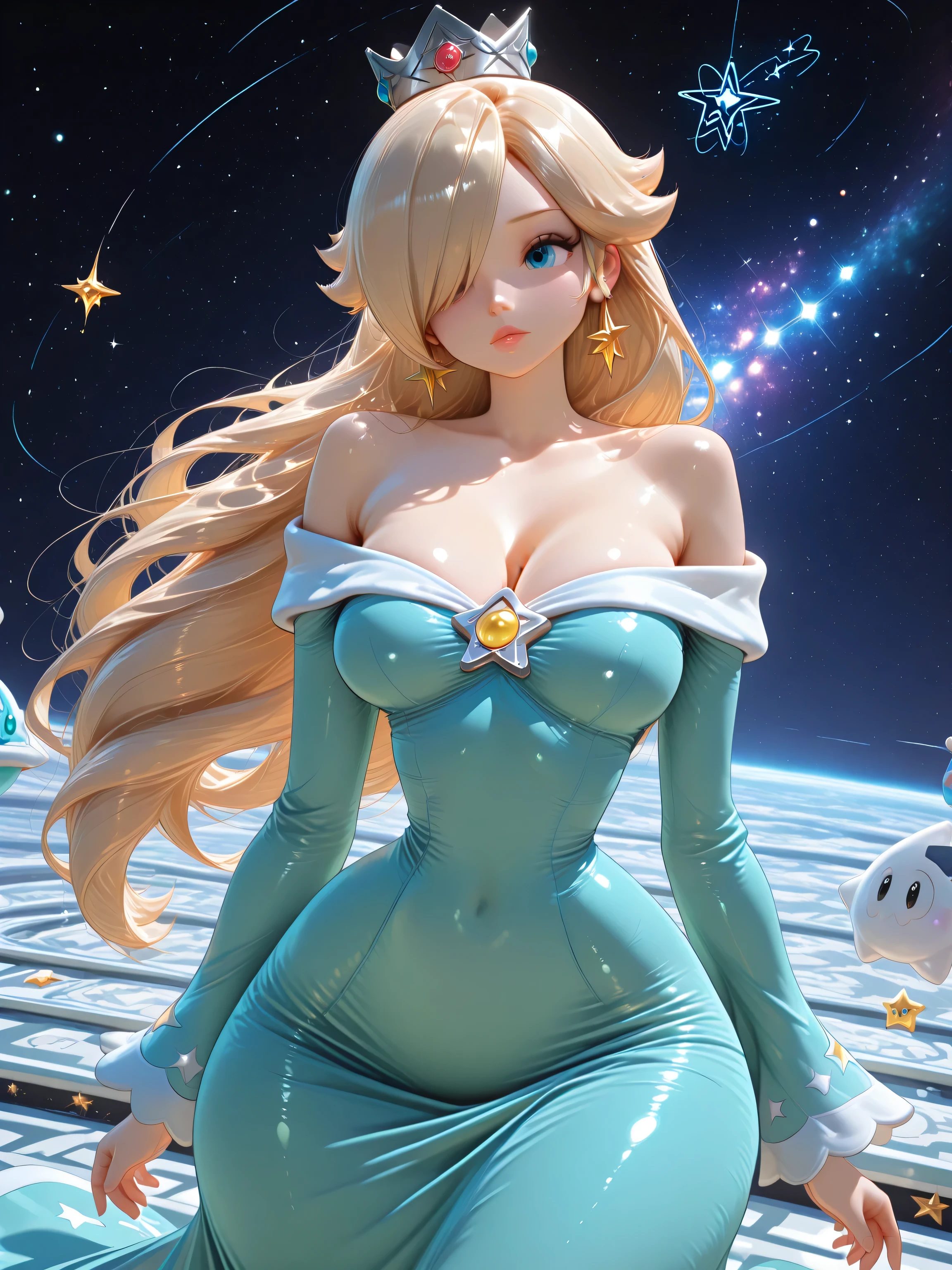 Rosalina from super mario galaxy, blonde hair, cyan off shoulder dress, long sleeves, bangs covering her right eye, slender body, curvy, tiny waist, wide hips, cleavage, cowboy shot, hands to the sides, space background