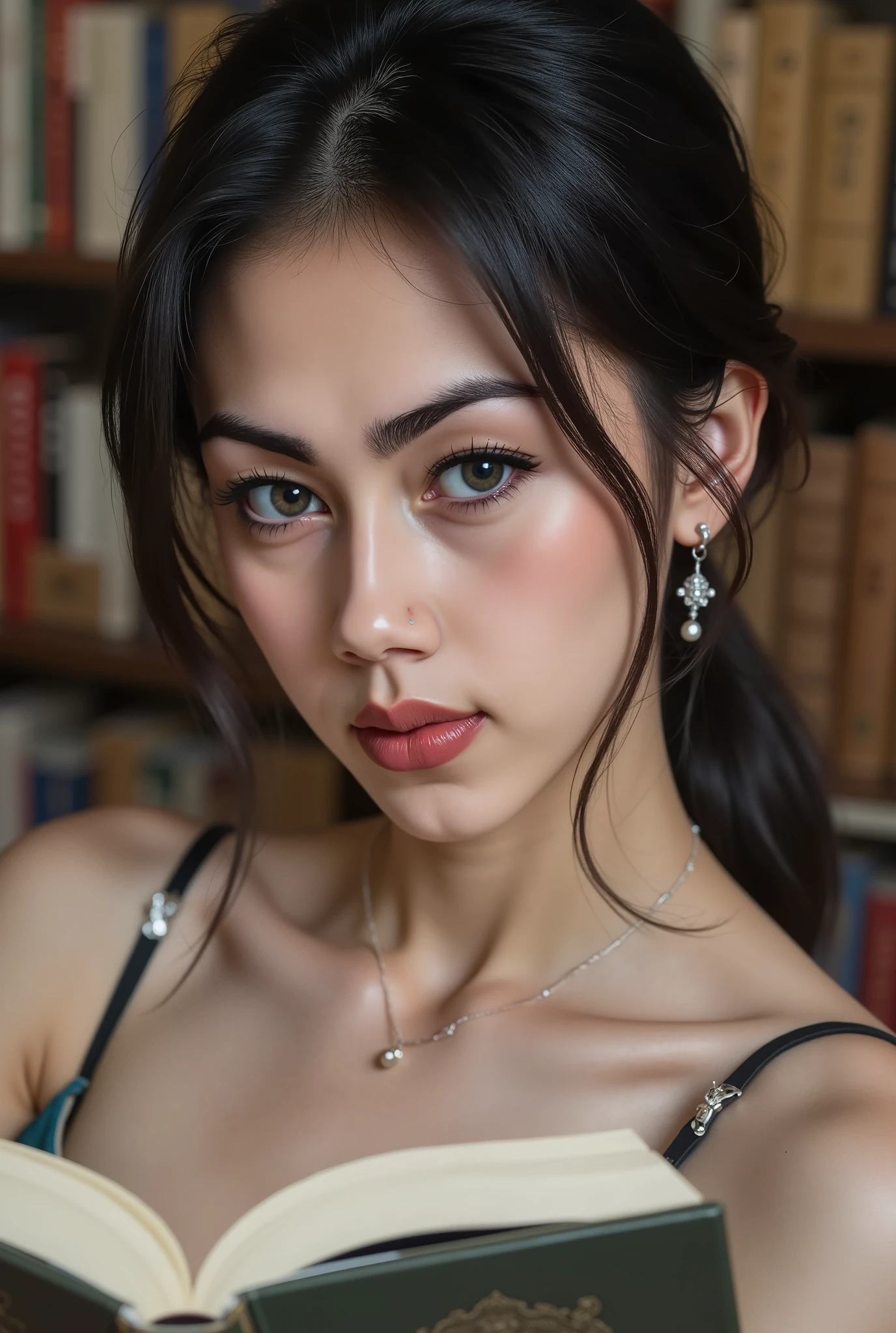 (Very beautiful young teenage girl, beauty of an IDOL, she is a nerd, wearing the clothes of a nerd with glasses, poses sitting curled up in the corner of the bookstore while reading a tome, Seamless white thighs exposed, the girl's expression auto adjusted by her circumstances, corner side background of a bookstore, black hair medium straight style of a nerd, (Mata Biru jernih, mata bulat besar, mata yang indah, hidung mancung, bibir merah lembut), perfect small tits, (cleavage on the lower chin, Tubuh langsing, very white and clean skin, Perfectly proportioned body and head), tatapan mendalam, ((wear small earrings and wear a pretty necklace)), Mahakarya, Masterpiece, Best quality, 8K ultra HD resolution, photorealistic quality, Ketajaman Maksimal, (karya agung:1.3, 8k:1.3, Kualitas Tertinggi:1.3, detail:1.3, resolusi tinggi:1.3, sangat detail), Very clear photo, detail realistis, very detailed background, Very clear background.