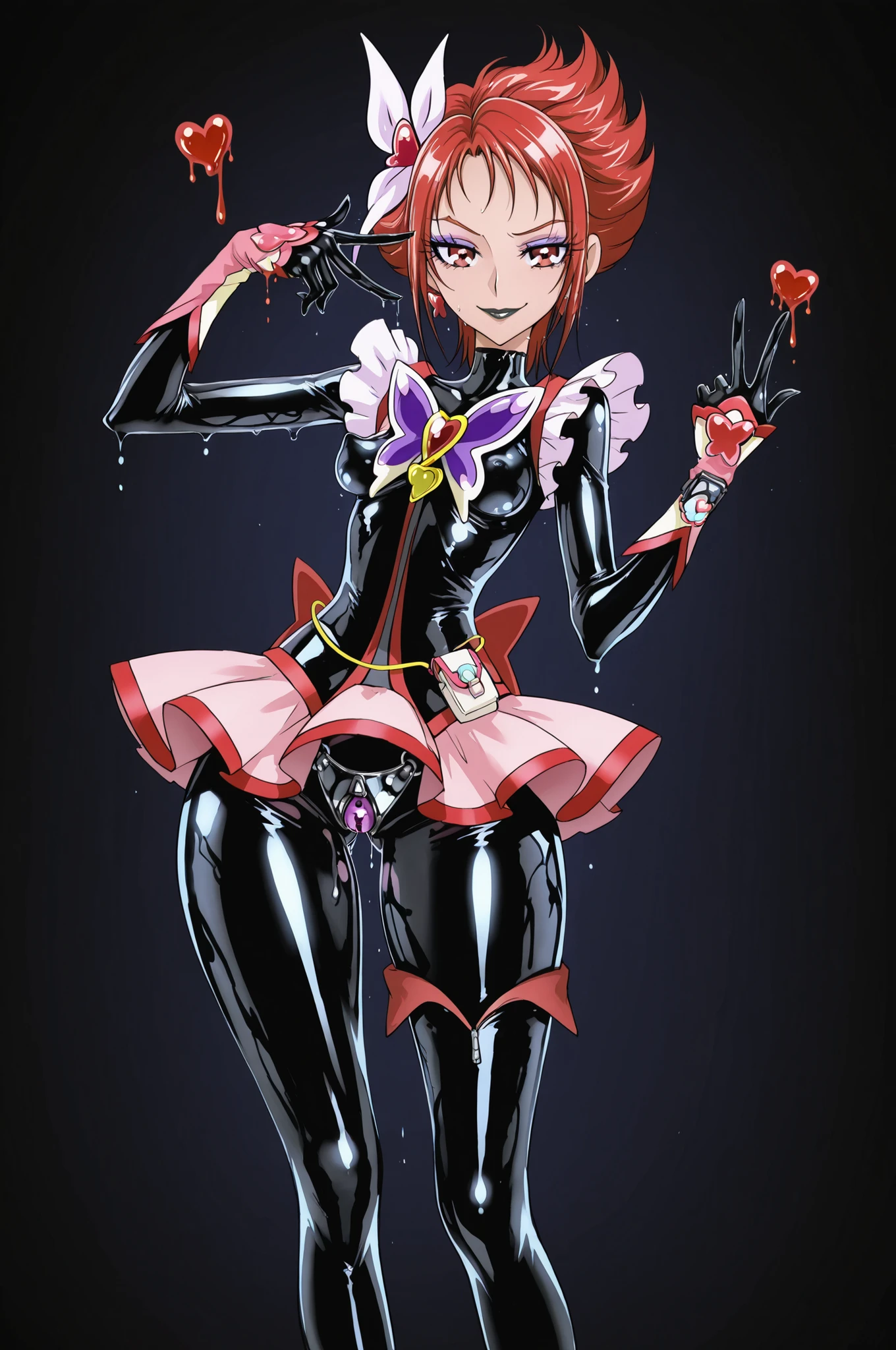 Cure rouge. Red hair. Villain eyeshadow. Purple eyeshadow. Sarcastic smile. Black lips. Glossy skin. Black latex costume. Latex bodysuit. Red frills. Collar with heart crystal. Dripping chastity belt. Metal panties. Perky breasts. Slender body. Large waist. Thick thighs. Detailed thighs. Asymmetrical posing legs. Fuck hand sign. Black slime background. Dripping slime