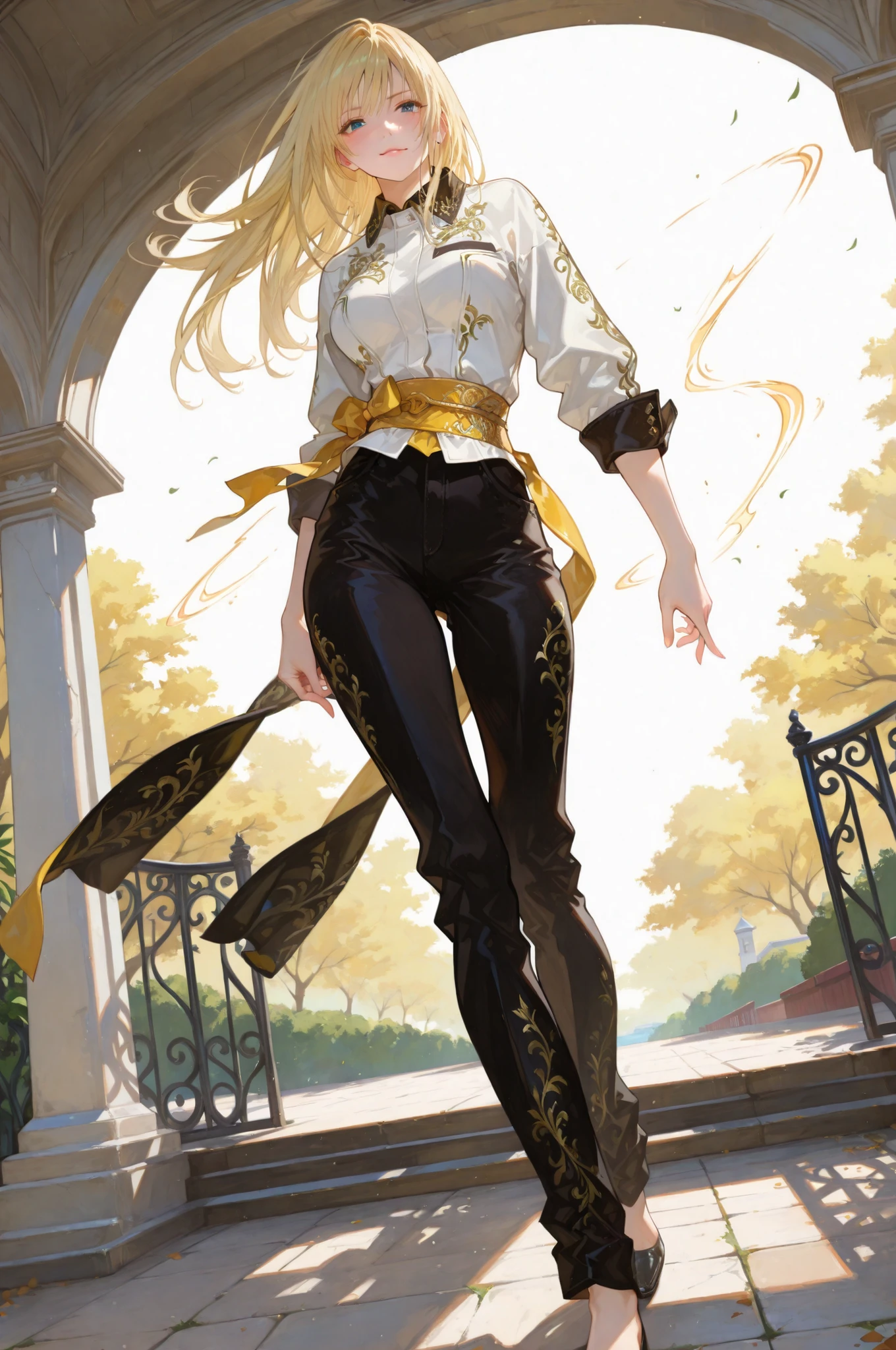 (masterpiece:1.5, ultra-detailed, in the style of Oh! Great, sharp and bold line art, expressive inking, semi-realistic anatomy with tall slender proportions, blonde-haired girl wearing modern asian-inspired outfit, short high-collared jacket, wide flowing pants with embroidered edges, waist sash fluttering in wind, confident expression, one foot forward, strong stance, bright daylight, cinematic dutch angle composition, high-contrast shadows, dynamic sense of motion and elegance)