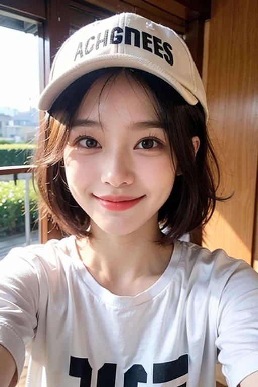 masterpiece, highest quality, High resolution,alone,Brown Hair,artistic,Best lighting,casual,Flat Chest,Beautiful Face,expensive,smile,light makeup,Age 25,Calm woman,Detailed Hair,Laughing woman,Bob Cut Hair,A woman wearing a baseball cap,outside,morning,Shopping Street
