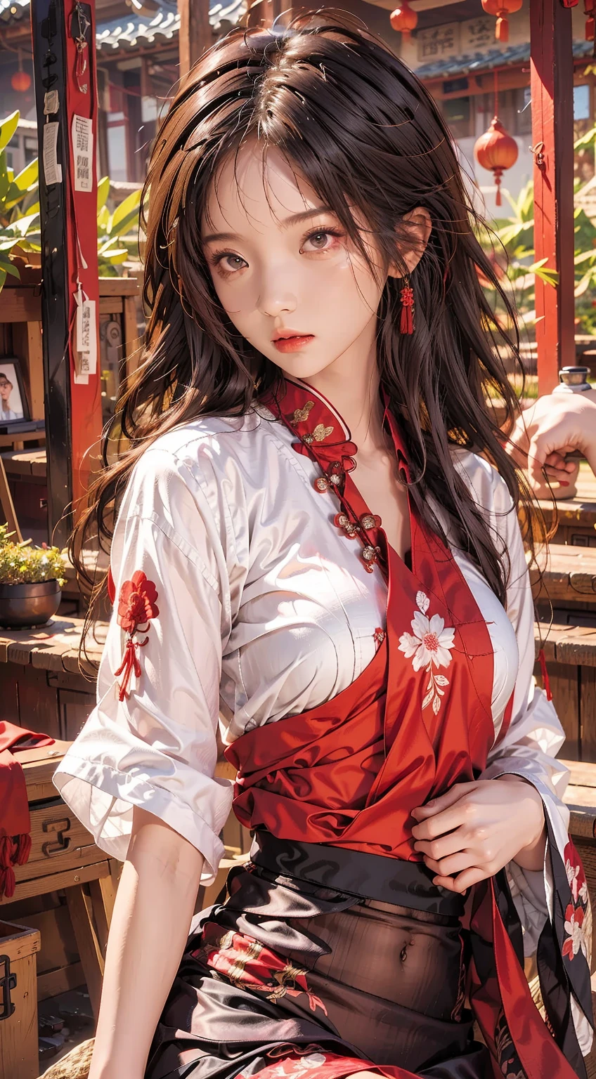 Unbeatable masterpiece, Ultra photo realsisim, Perfect artwork, Intricate details, Best quality, Strong light,High contrast, Masterpiece , Best quality , offcial art ,Extremely detailed Cg Unity 8K wallpaper ,1girll , Solo , Realistic , Makeup , A high resolution , full bodyesbian , view the viewer , Smile, bangs ,  shoulders , Black hair ,crossed bangs , hair between eye , hair adornments ,Hair ribbon , Japanese style costume , komono , Long hair ,Mask , masks on head , cropped shoulders , partedlips , Red eyes , red kimono , Red ribbon ,ribbon , sash , sky , Solo , striped ribbon ,taihou \(Rainel Blue) , double tails , Very hairy , Wide sleeves , (Shiny skin) ,