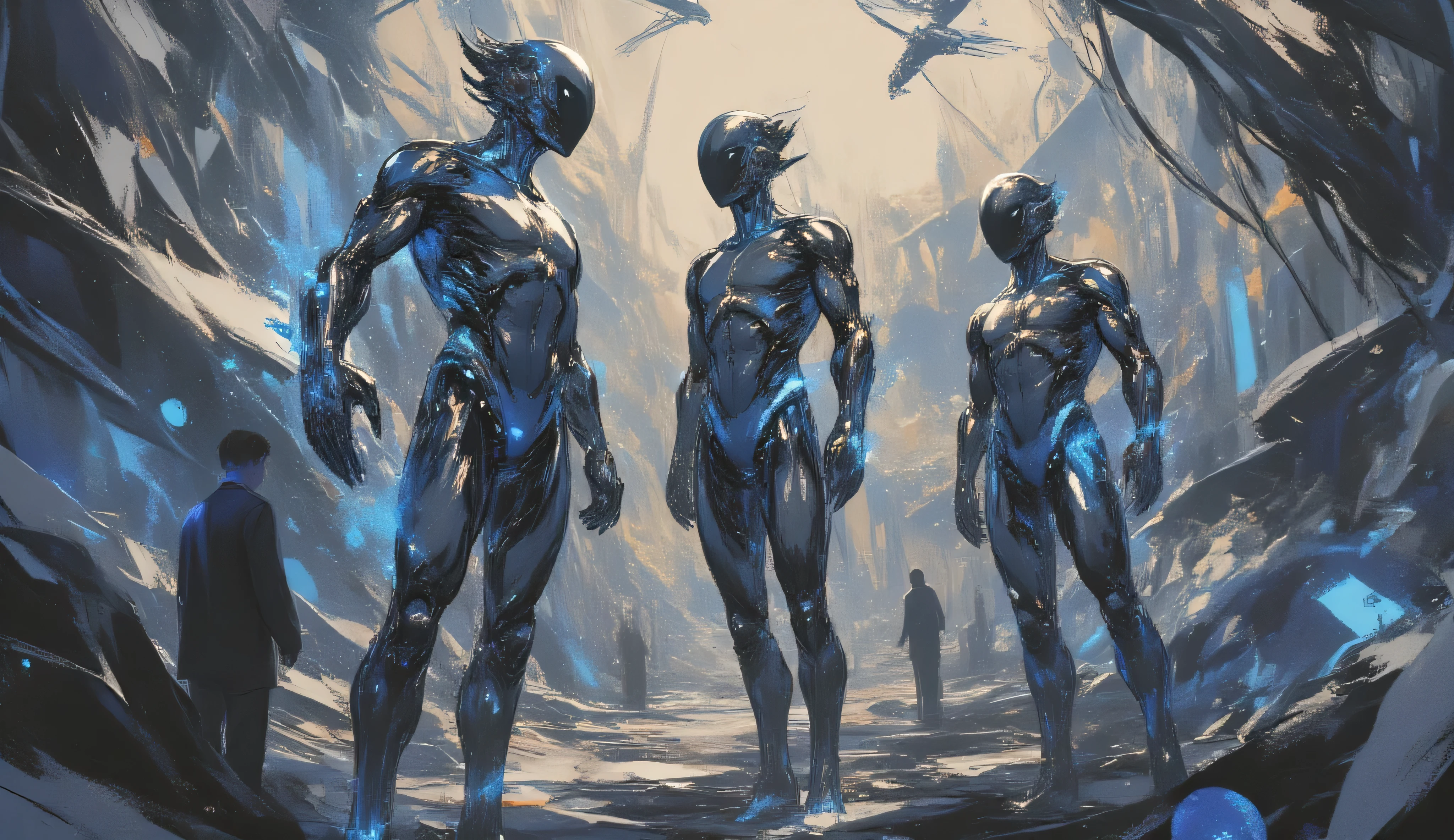 Three identical entities emerge from incandescent matter. They weren't just beings, but embodied concepts: the synthesis between what is alive and what is impossible. Their shapes are humanoid, but they go beyond the logic: a sacred and alien symmetry shapes their bodies — an ethereal fusion between flesh, crystal and machine. A pele, translucent and twinkling, reflects light in liquid blue spectra, silver and amber. Sob ela, filaments of living energy flow like rivers of cold fire. The bodies are elegant, quase angelicais, endowed with a silent force. They move with the precision of a quantum mind and the lightness of someone who knows the dance of time. Their costumes are not garments — they are extensions of biology itself, living technology that merges with the skin, respirando, expandindo. Seus olhos negros. They are hybrids, born between what feels and what calculates. Between what breathes and what vibrates. E qupreto man in a surreal digital colagem, tattoo artist theme — he holds a tattoo machine, surrounded by glowing orbs of azul and cinza energy, guindastes flying around him, and abstract symbols such as lizards and introspective. Its expression is profound, — representing “The inner world of the autism spectrum”. The composition looks like a new album cover, a contemporary mixed-media colagem with surreal elements, high definition, texturas detalhadas, artistic balance and powerful emotional presence. Title: 'Olhe para mim'. paleta de cores: preto, cinza, and azul.   Crazy woman by tatuagem Artist ,O homem disse 「What design do you use」,preto,cinza,azul, surreal colagem、a contemporary artistic colagem、colagem artwork、  new album cover  、 Great job !! 、digital colagem、(colagem )、colagem art、contemporary colagem、mixed media colagem、  surreal +      is high definition 、  Estilo surreal、convertible、    Call it the Inner World of the Autism Spectrum、olha pra mim、tatuagem, tatuagem Machine , Design Catalogue ,Lagarto , Alinhamento ,guindastes, shiny energy spheres