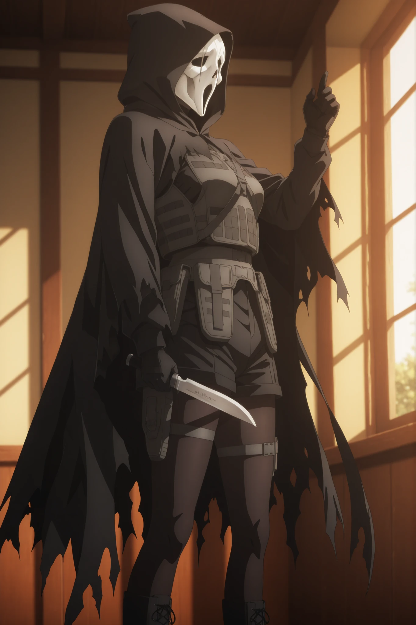 masterpiece, ultra quality, HD, 8K, amazing quality, highres, absurdres, very aesthetic, high resolution, ultra detailed, perfect details, day , indoors, bedroom, window, ufotable style, (dappled sunlight), sidelight,
1girl, ufotable style, anime style, (anime coloring:1.5), (anime screencap:1.2),
1girl, slim body, blender body, solo, Fate Grand Order, fate, Fate Grand Order, (large breasts), smile, looking at viewer, from side,hood, hood up, cloak, hooded cloak, black cloak, torn cloak, torn clothes, thigh strap, cross-laced footwear, boots, skull mask, mask, masked, black gloves, gloves, holding, holding weapon, holding knife, holding dagger, weapon, knife, dagger, tactical clothes, black shirt, bulletproof vest, long sleeves, tactical gloves, black shorts, black pantyhose
