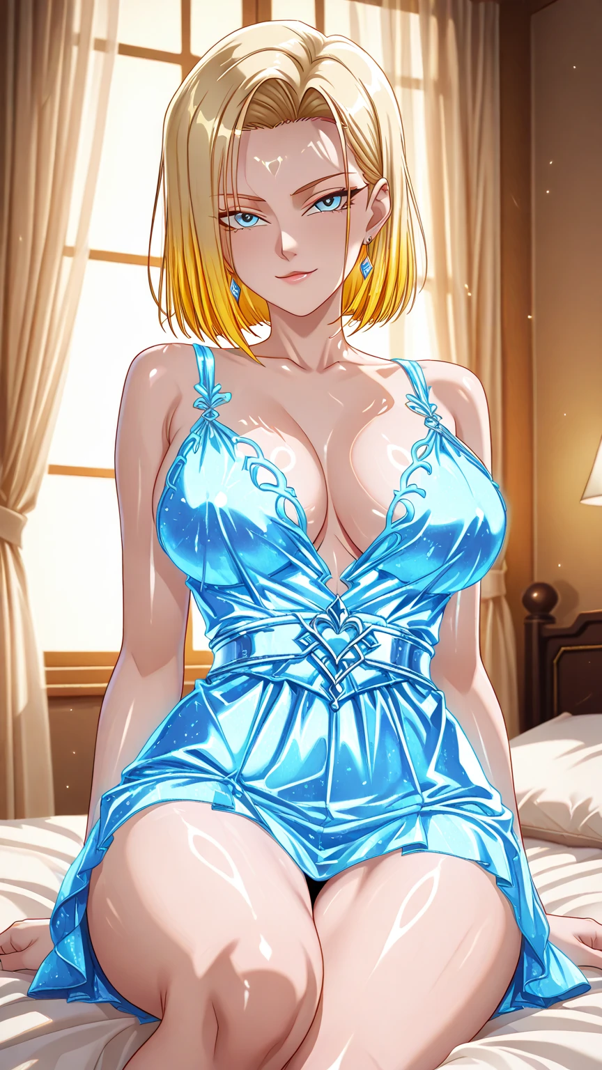 sorceress wearing a blue dress and pink panties, blonde bobcut, gorgeous woman, 