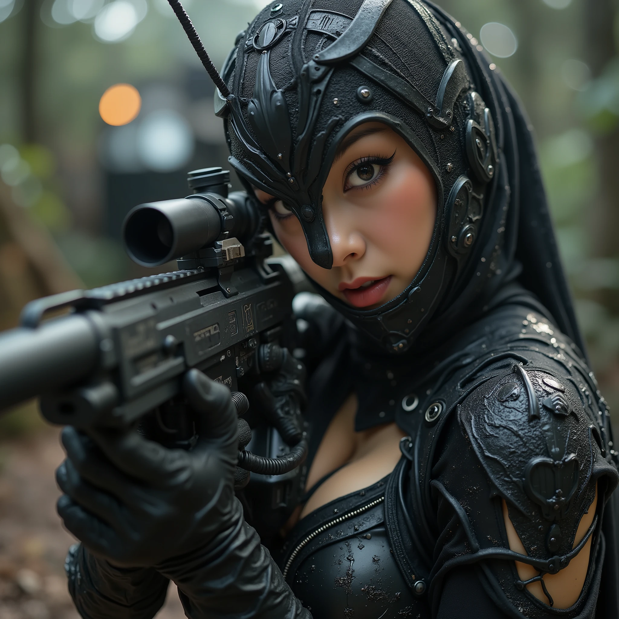 Sexy female beauty face sniper with a、rifle wearing a black ant costume、蟻のマスク