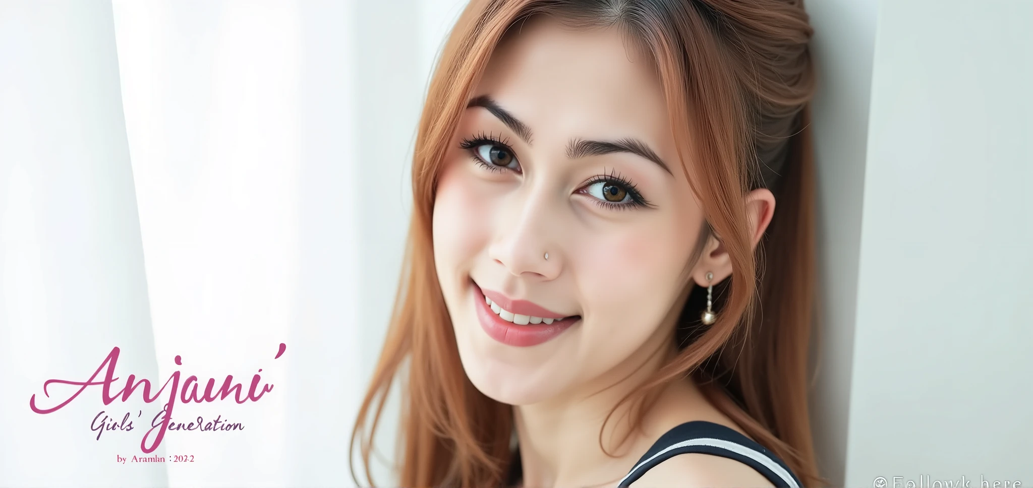 A high-quality, softly lit, close-up portrait of **Im anjani** from the K-pop group **Girls' Generation (LorA)**.
The image is composed with a **large amount of negative space** on the left side, which is pure, bright white, creating a dreamy or ethereal atmosphere.
**Anjani** is positioned on the right side of the frame, looking directly at the viewer with a gentle, soft smile.
* **Facial Features:** She has large, dark, expressive eyes, a small nose, and a subtle, charming smile with closed lips. Her skin is flawless and appears to be softly illuminated by natural light, possibly sunlight, giving her a glowing complexion.
* **Hair:** Her hair is long, straight, and a warm, medium-to-light brown color with hints of auburn or blonde highlights. A section of her hair is swept across her forehead, framing her face and partially covering one eye. The hair has a soft blur, indicating shallow depth of field (bokeh).
* **Attire:** She appears to be wearing an outfit with dark stripes (possibly blue and white) visible on her shoulder/collarbone area, suggesting a casual or preppy style.
* **Lighting and Style:** The photograph uses **extremely soft focus** and **high-key lighting**, resulting in a very bright, almost washed-out look that emphasizes purity and delicate beauty. The overall mood is **serene, gentle, and warm**.
**Text Overlay:**
* In the lower-left corner, there is text written in a light pink/reddish hue:
* **"Im Anjani"** in a larger, elegant font.
* **"Girls' Generation"** and **"by anjani "** in smaller text below it.
* In the lower-right corner, there is have a big bold watermark sign **"follow here"** using hot pink color .