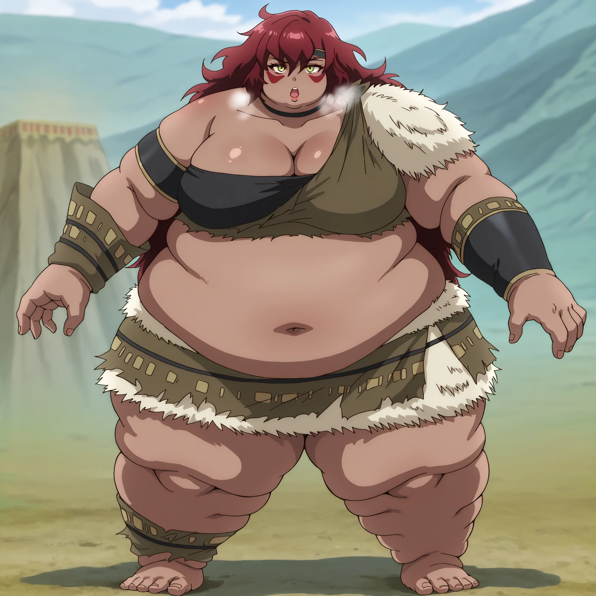 Sus0r4, 1girl, dark skin, tribal, red hair, very long hair, messy hair, hair between eyes, yellow eyes, red facepaint, black headband, medium breasts, collarbone,
black choker, black bandeau, cleavage, fur, rags, brown crop top, fur trim crop top, single off shoulder,  midriff, navel, armlet, bracelet, brown miniskirt, fur trim miniskirt, fat, chubby, obese, fat neck, multiple chins, big breasts open mouth, out of breath, Larger female, full body shot, only head, large head, oversized limbs, large hands, large feet, oversized feet, oversized fingers, big lips, plump lips, fat face, fupa, big fupa, fat fupa, hunchback, 