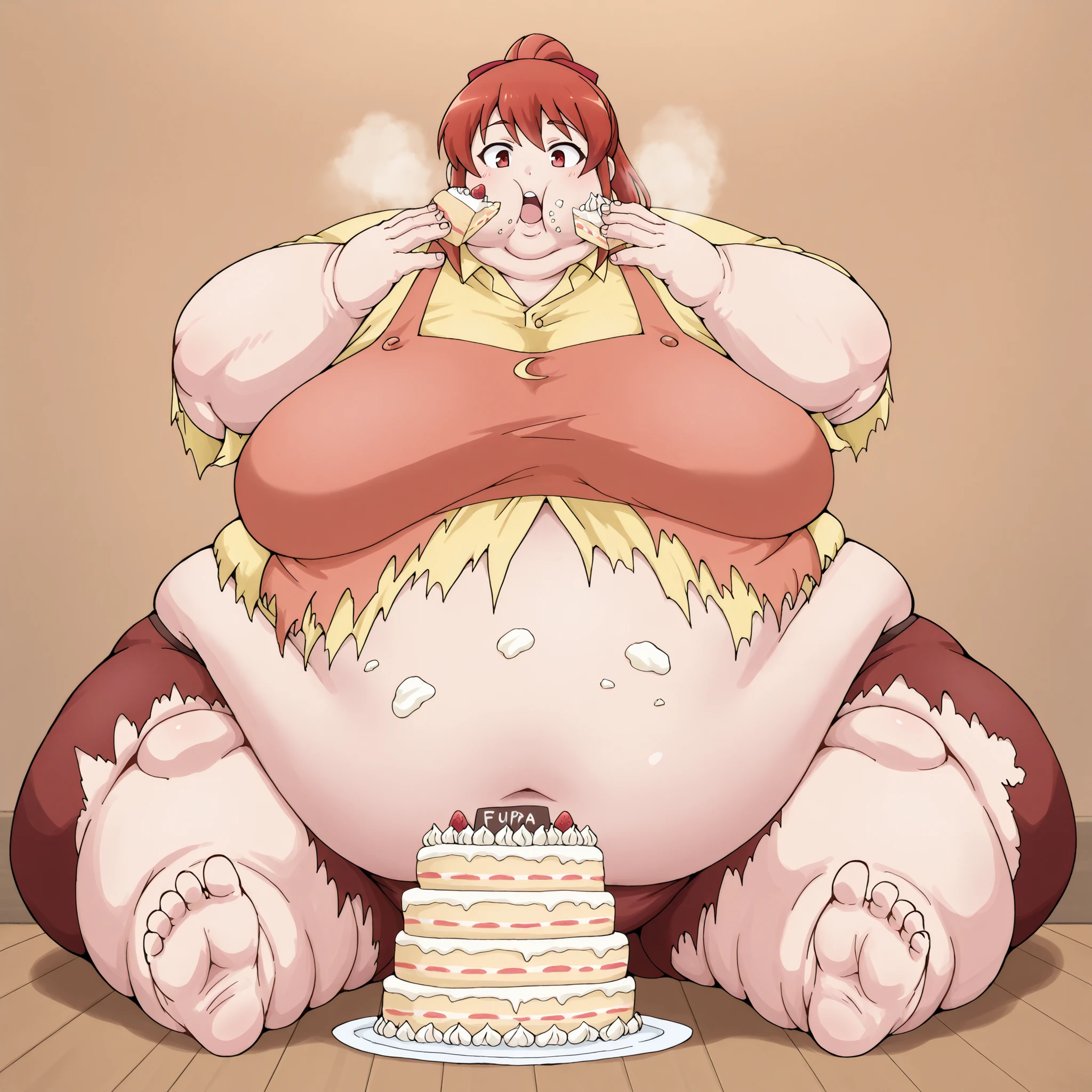 mikaisksmpn, red eyes,
 addmicrodetails, fat, chubby, obese, fat neck, multiple chins, big breasts open mouth, out of breath, Larger female, full body shot, only head, large head, oversized limbs, large hands, large feet, oversized feet, oversized fingers, big lips, plump lips, fat face, fupa, big fupa, fat fupa, hunchback, sitting down, eating tons of cake, cake mess, food mess, food stains, ripped clothes, torn clothes, small clothes 