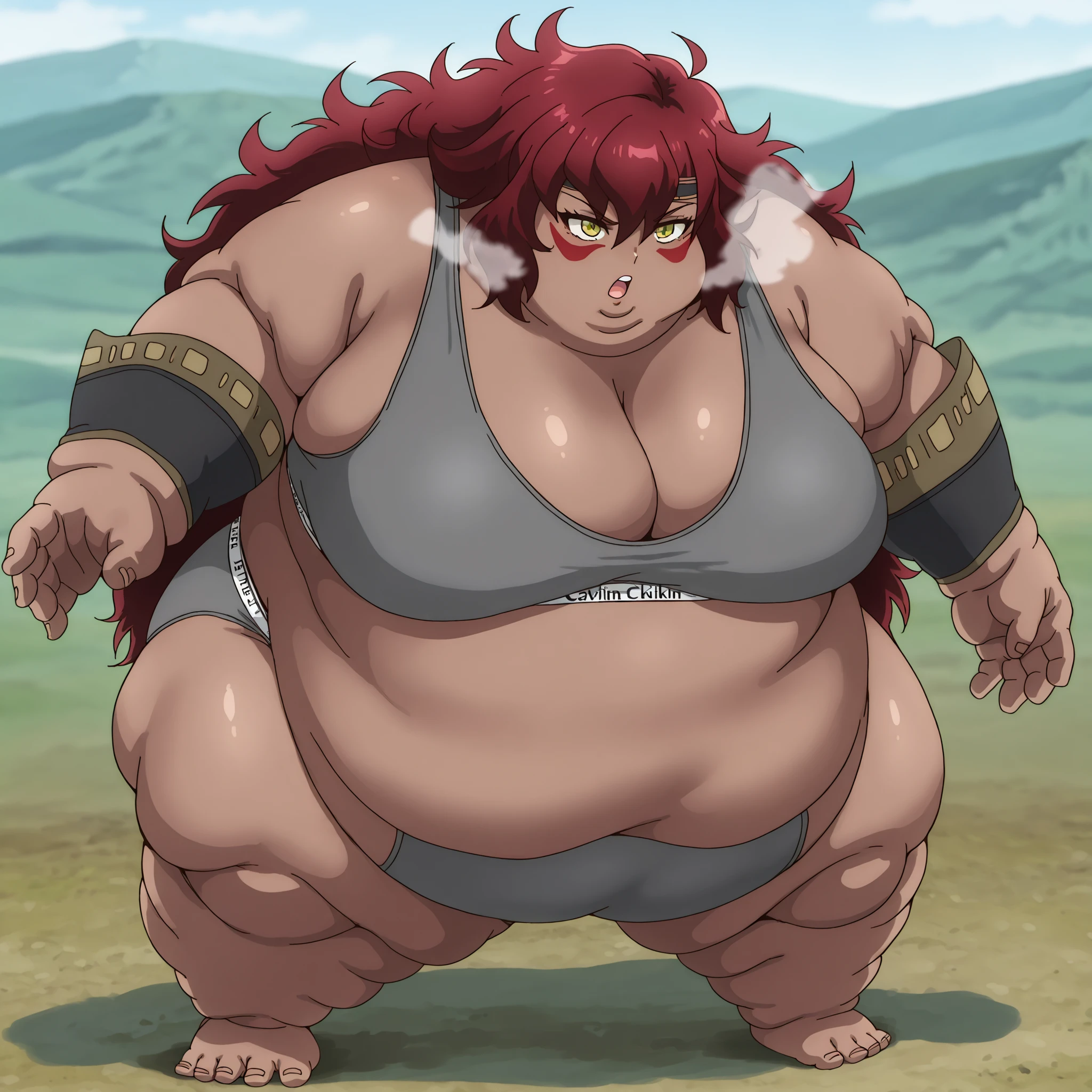  Sus0r4, 1girl, dark skin, tribal, red hair, very long hair, messy hair, hair between eyes, yellow eyes, red facepaint, black headband, grey sports bra,spors bra,grey sports panties,sports panties,calvin klein, fat, chubby, obese, fat neck, multiple chins, big breasts open mouth, out of breath, Larger female, full body shot, only head, large head, oversized limbs, large hands, large feet, oversized feet, oversized fingers, big lips, plump lips, fat face, fupa, big fupa, fat fupa, hunchback 