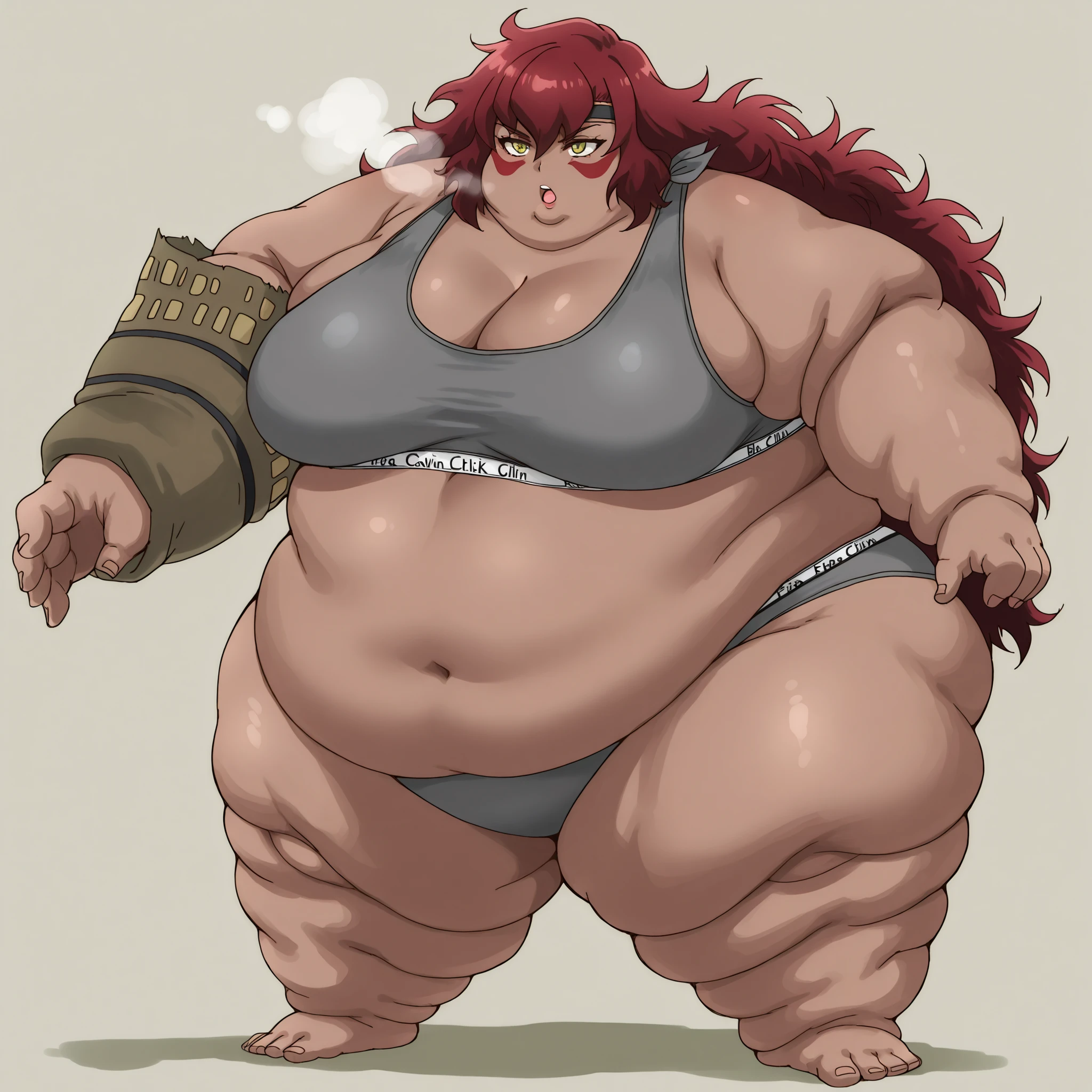  Sus0r4, 1girl, dark skin, tribal, red hair, very long hair, messy hair, hair between eyes, yellow eyes, red facepaint, black headband, grey sports bra,spors bra,grey sports panties,sports panties,calvin klein, fat, chubby, obese, fat neck, multiple chins, big breasts open mouth, out of breath, Larger female, full body shot, only head, large head, oversized limbs, large hands, large feet, oversized feet, oversized fingers, big lips, plump lips, fat face, fupa, big fupa, fat fupa, hunchback 