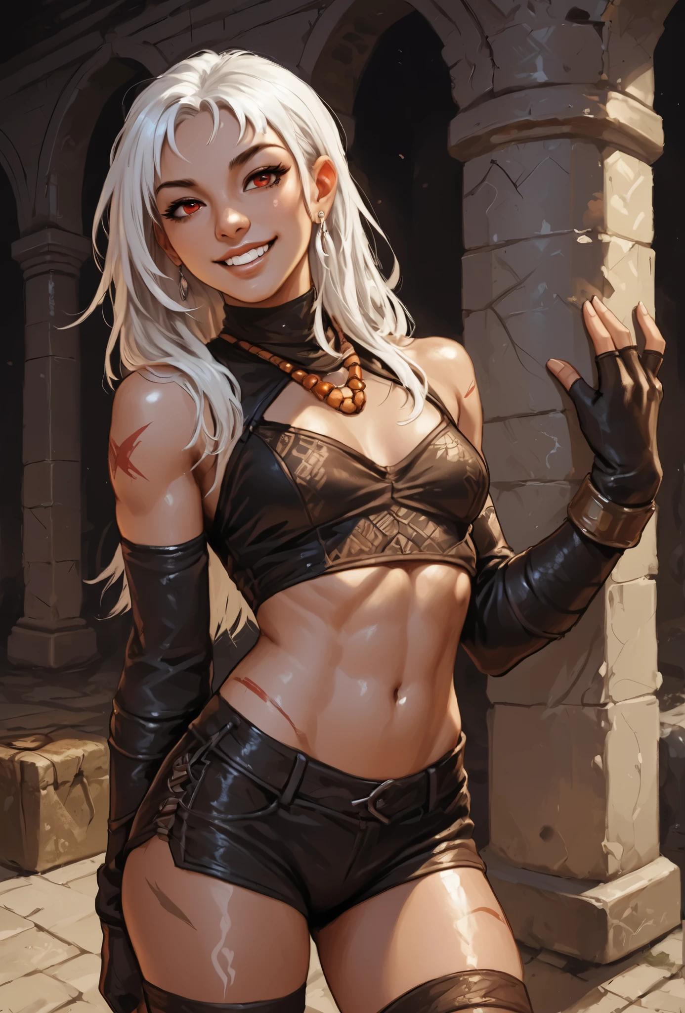 She looks like Elena from Street Fighter and has a horizontal scar across her nose. Inca girl with white dreadlocks with black highlights and silver pearls, red eyes, slanted Asian eyes, sharp teeth, black eyeliner, athletic body with soft abs. Slender and athletic. Cute, round and young face. White highlights in her hair. She wears a ripped and old leather top and leather hotpants with snakeskin-texture. She also wears an amber necklace and silver bracelets. She has a small smile on her face. Atmospheric lighting. Looking at the viewer. Background: jungle temple background, hdr colours, semi-realistic