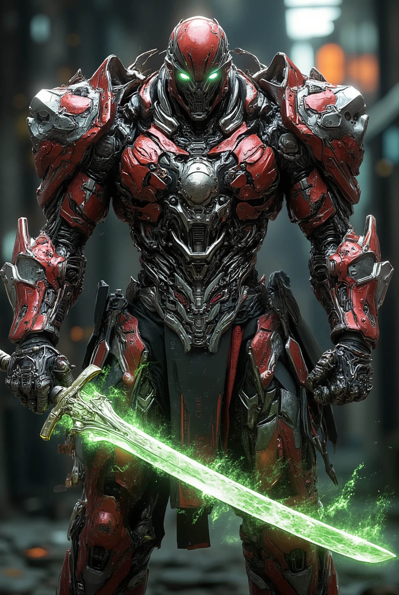 Masterpiece:1.2), best quality, high resolution, Unity 8K Wallpaper, (super real illustration:1.0), Beautiful Details, very detailed on trends, perfect lighting, neon colored, very detailed on trends CG, Shine eyes, backlit, armor, Shine, full_armor, warframe, stunning humanoid_robot lady, tall, (Martial arts fighting pose:1.5), mask ,sample_background, arms, scary monsters, iridescent red and shiny silver and matt black_armor, Audience, alone, perspective, Anatomical accuracy, bold composition, cool fighting pose, Burning Fist, green fire, Exudes an aura