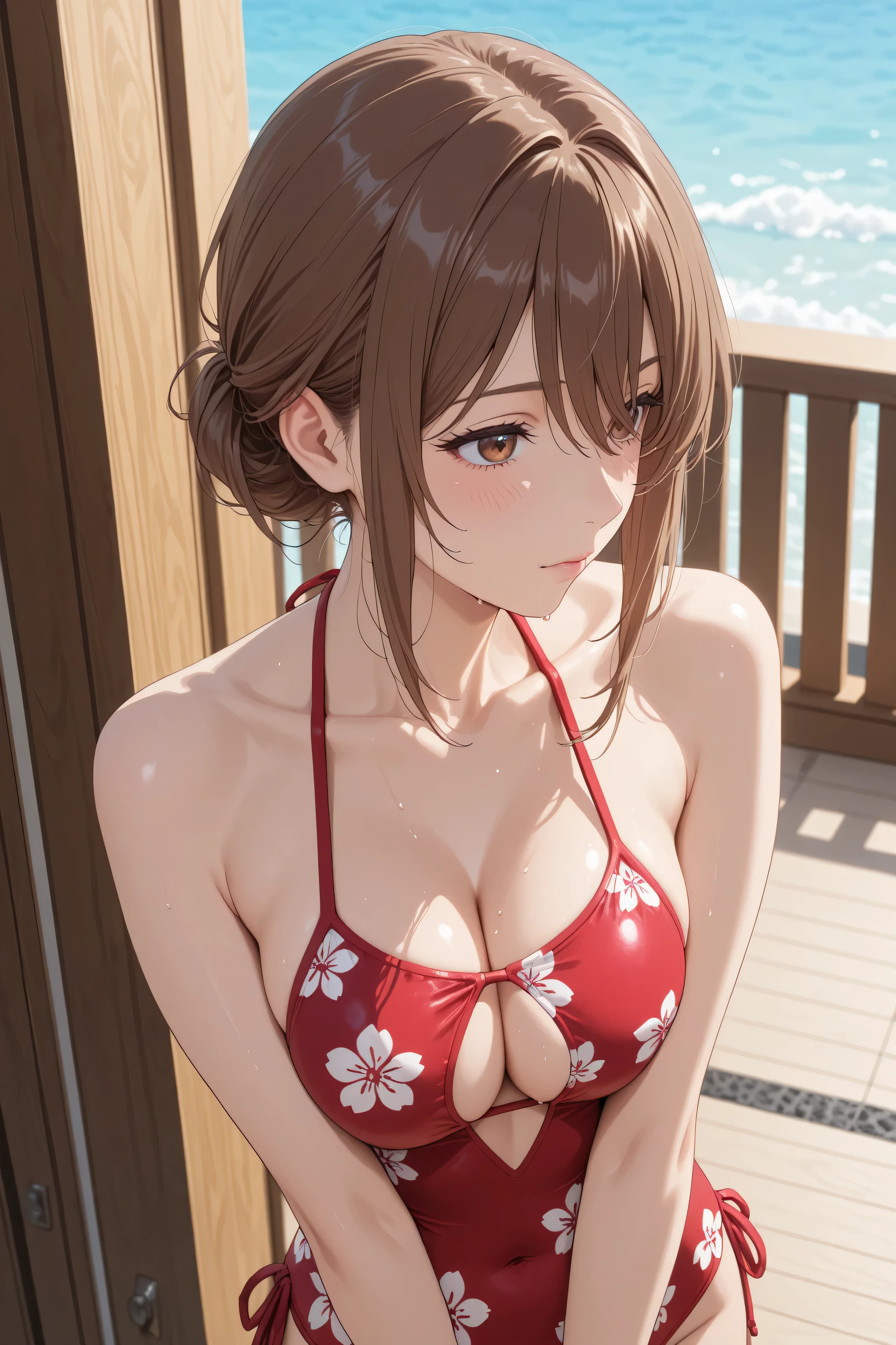 Japanese woman wearing a red swimsuit with a red floral pattern、while basking in the morning sun on the Balcony of a luxury resort hotel、Balcony、Kiss me deeply、women and men、高級リゾートホテルのBalconyで朝の太陽を浴びながら、Japanese woman with medium brown hair in a swimsuit、they are hugging the man in the swimsuit violently