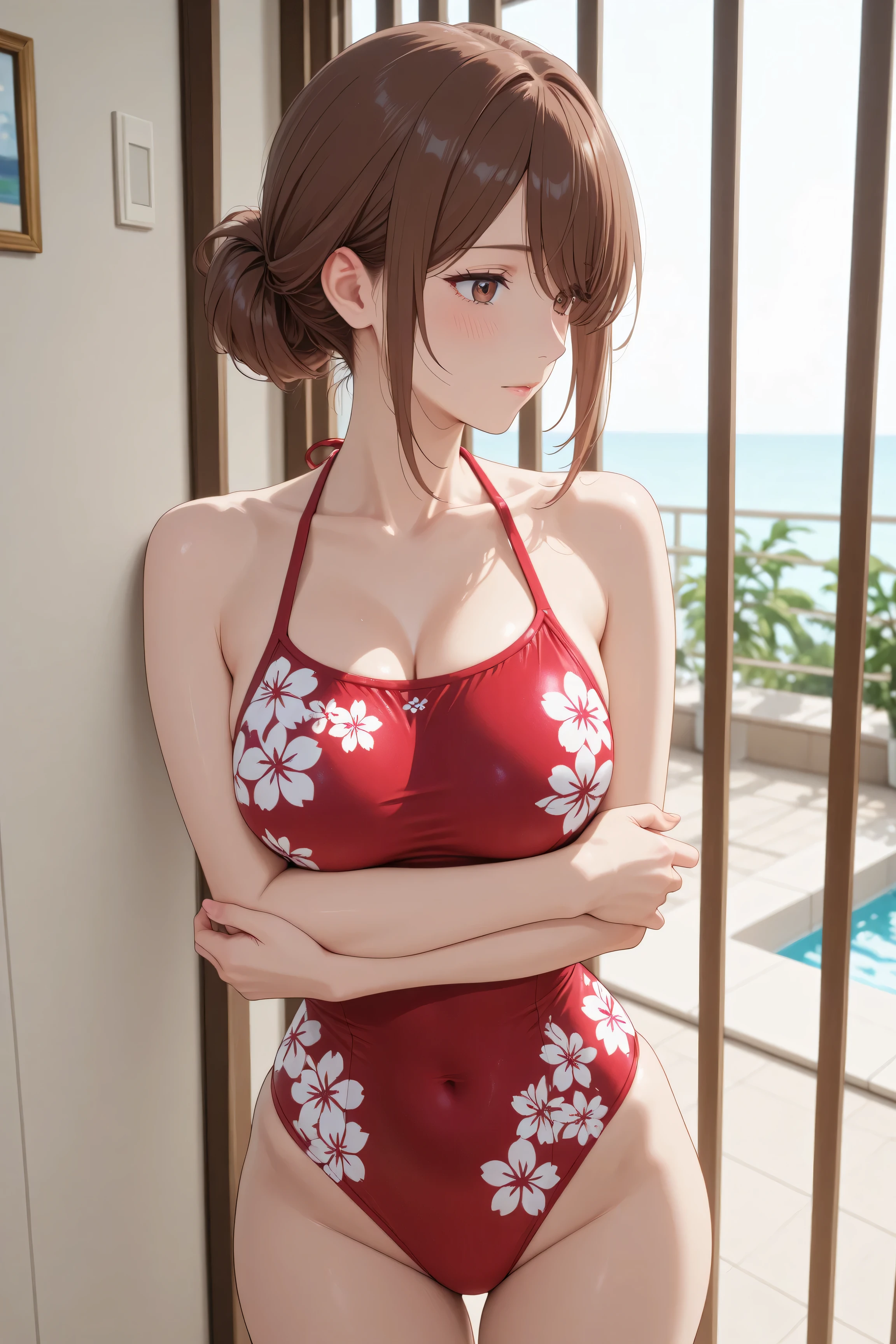 Japanese woman wearing a red swimsuit with a red floral pattern、while basking in the morning sun on the Balcony of a luxury resort hotel、Balcony、Kiss me deeply、women and men、高級リゾートホテルのBalconyで朝の太陽を浴びながら、Japanese woman with medium brown hair in a swimsuit、they are hugging the man in the swimsuit violently