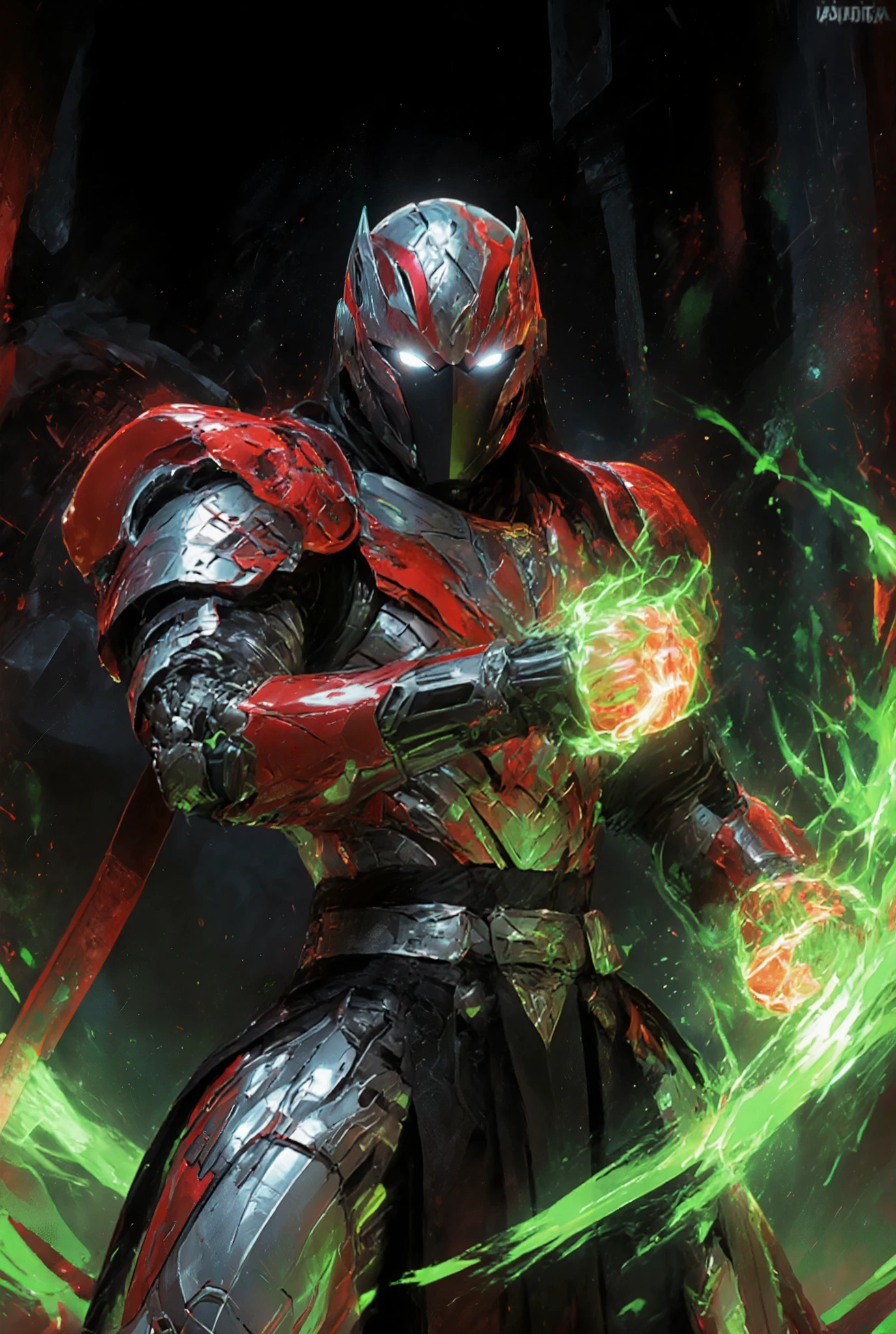 Masterpiece:1.2), best quality, high resolution, Unity 8K Wallpaper, (super real illustration:1.0), Beautiful Details, very detailed on trends, perfect lighting, neon colored, very detailed on trends CG, Shine eyes, backlit, armor, Shine, full_armor, warframe, stunning humanoid_robot lady, tall, (Martial arts fighting pose:1.5), mask ,sample_background, arms, scary monsters, iridescent red and shiny silver and matt black_armor, Audience, alone, perspective, Anatomical accuracy, bold composition, cool fighting pose, Burning Fist, green fire, Exudes an aura