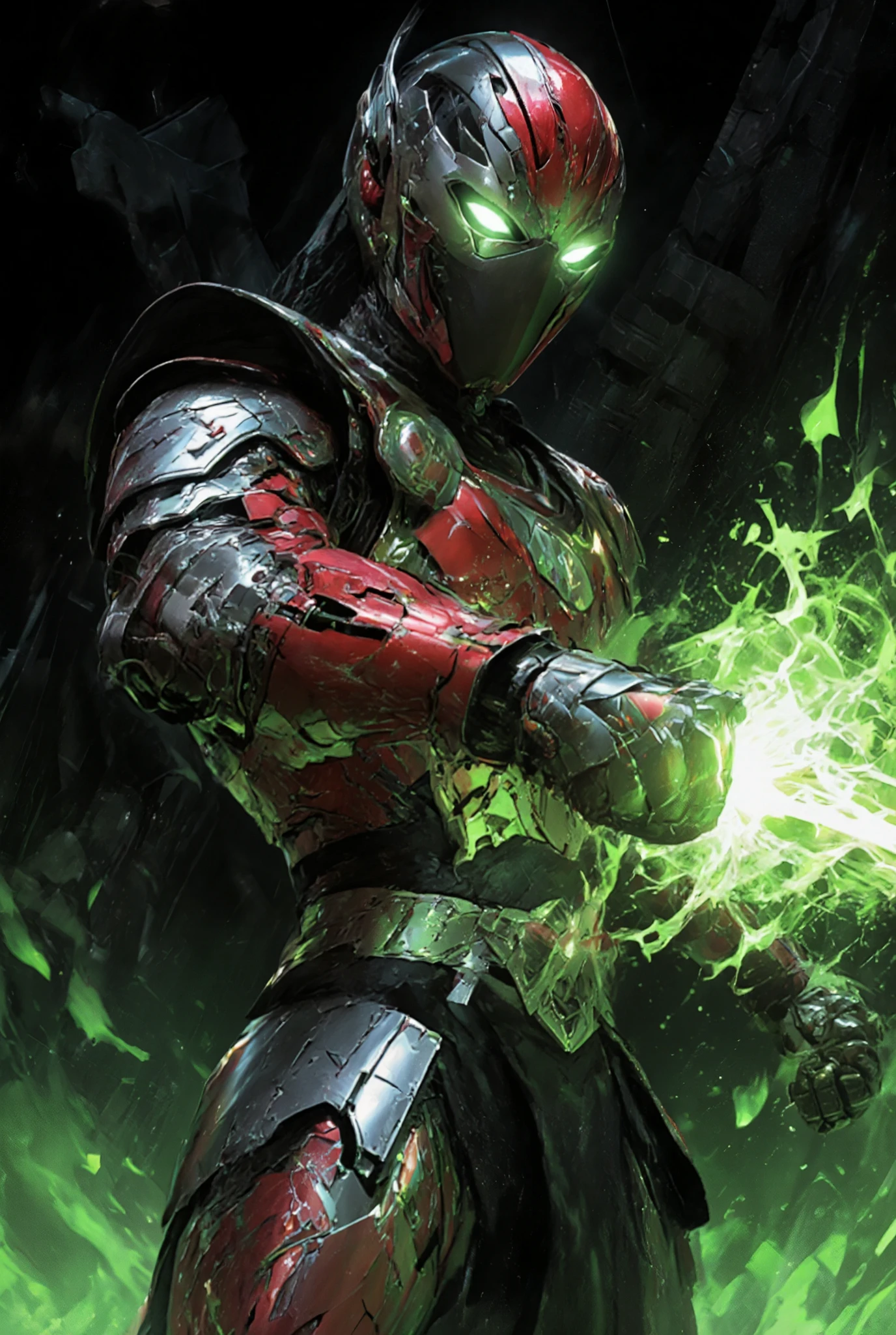 Masterpiece:1.2), best quality, high resolution, Unity 8K Wallpaper, (super real illustration:1.0), Beautiful Details, very detailed on trends, perfect lighting, neon colored, very detailed on trends CG, Shine eyes, backlit, armor, Shine, full_armor, warframe, stunning humanoid_robot lady, tall, (Martial arts fighting pose:1.5), mask ,sample_background, arms, scary monsters, iridescent red and shiny silver and matt black_armor, Audience, alone, perspective, Anatomical accuracy, bold composition, cool fighting pose, Burning Fist, green fire, Exudes an aura