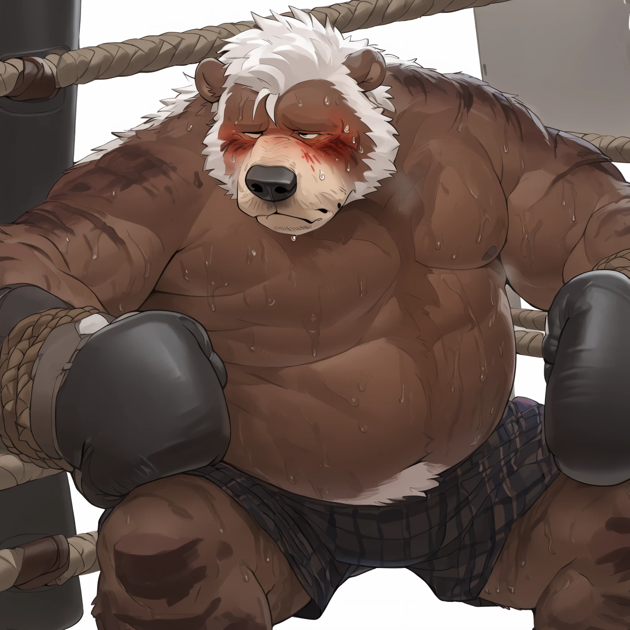 we do not _dragon, Digital Art , masterpiece, Alone, 1 personの男の子, 1 person, Portrait, (((Highlander,tired body,groggy、nosebleed、Where Hands Get Through、details ズボンから目が飛び出している , tired expression、 with large opening ))),bust up,huge muscular ,big belly body, ((white haired old bear swollen up)), ((( face_Swollen face_ marks of being hit body_Sweating body_Swollen body_ marks of being hit )))Boxing Gloves, black boxing shorts, person leaning on a boxing ring rope,bust up photo, details , details big belly muscle,Boxing Ring Background