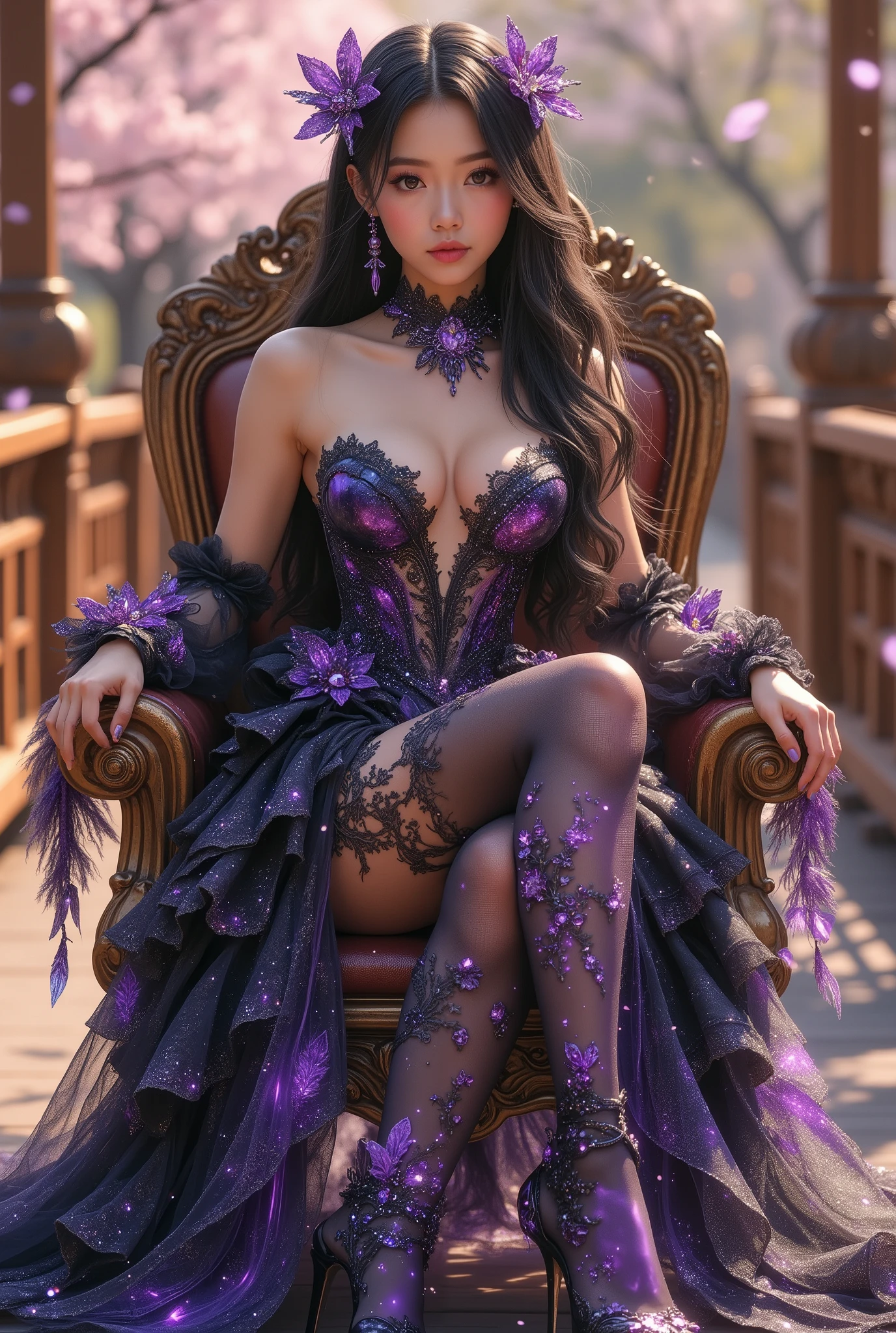 4K, hyper-detail, hyper-texture of clothing, a 17-year-old young Asian girl with a cute face with a sweet appearance and white skin, a tall body, a slim and small belly, a wide waist, a shiny body, a shiny costume, long and sexy muscular legs, and giant breasts. wearing a strapless spiral V-cut dress with a deep cleavage with a galaxy pattern that reveals her navel, shaped by very tight black diamonds with intricate details, a ruffle micro mini skirt and black nylon stockings with sexy high blue lace with a galaxy pattern, the stockings reach her crotch, she also wears high-heeled stilettos and a high top with straps, purple high heels emit shining light from her feet, reminiscent of a fantasy style. This piece features intricate details, including sparkling blue gemstones and feather-like textures and flashes of blue light that adorn her tight dress. the shiny color of the dress adds to the fantasy feel, while her long black hair flows in waves over her shoulders. sitting in wodden chair on the gold bridge studio shoot with a golden light and falling cherry blossoms in the background, purple gemstone and plant decorations a full body masterpiece, with backlight and shadow under her feet