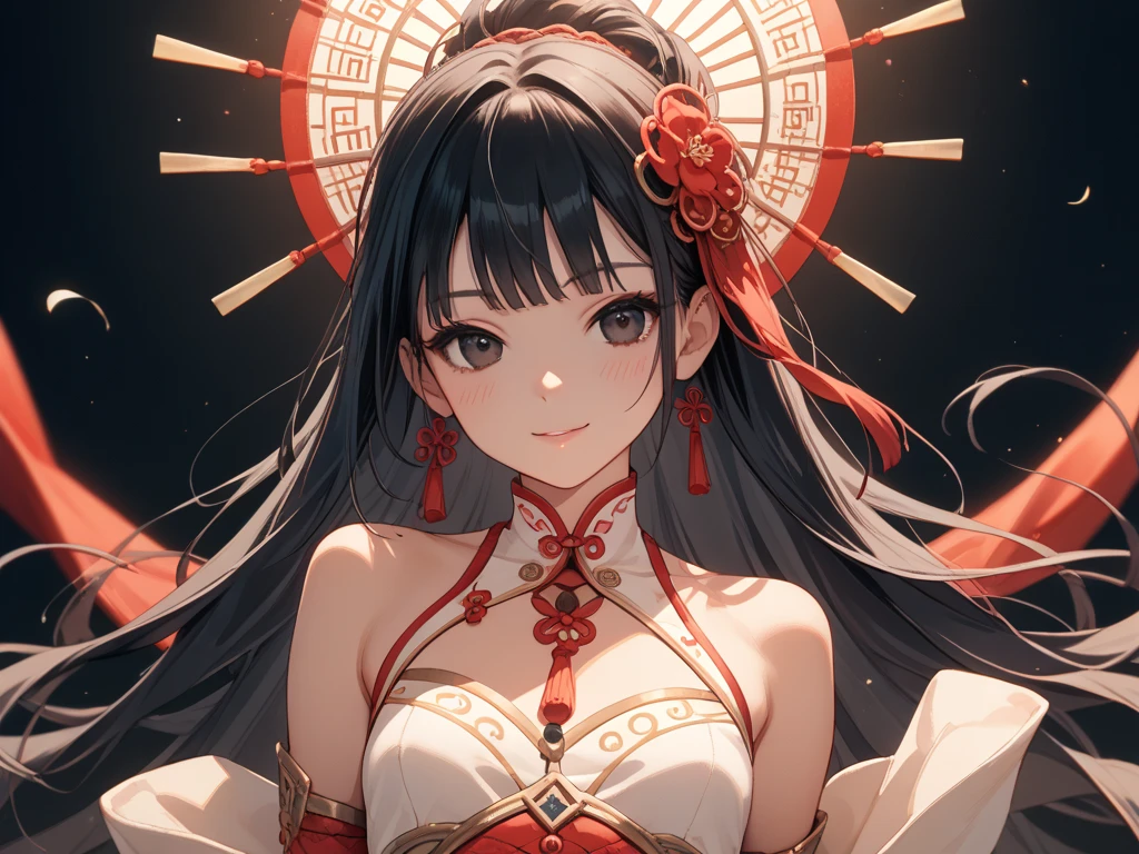 A serene Chinese ancient beauty kneels on a crimson backdrop, her hands pressed together in reverence as she whispers prayers to the heavens. Eyes shut in contemplation, her solemn yet breathtakingly lovely face reflects a deep sense of devotion. The fiery red hue surrounding her amplifies the intensity of her spiritual connection.