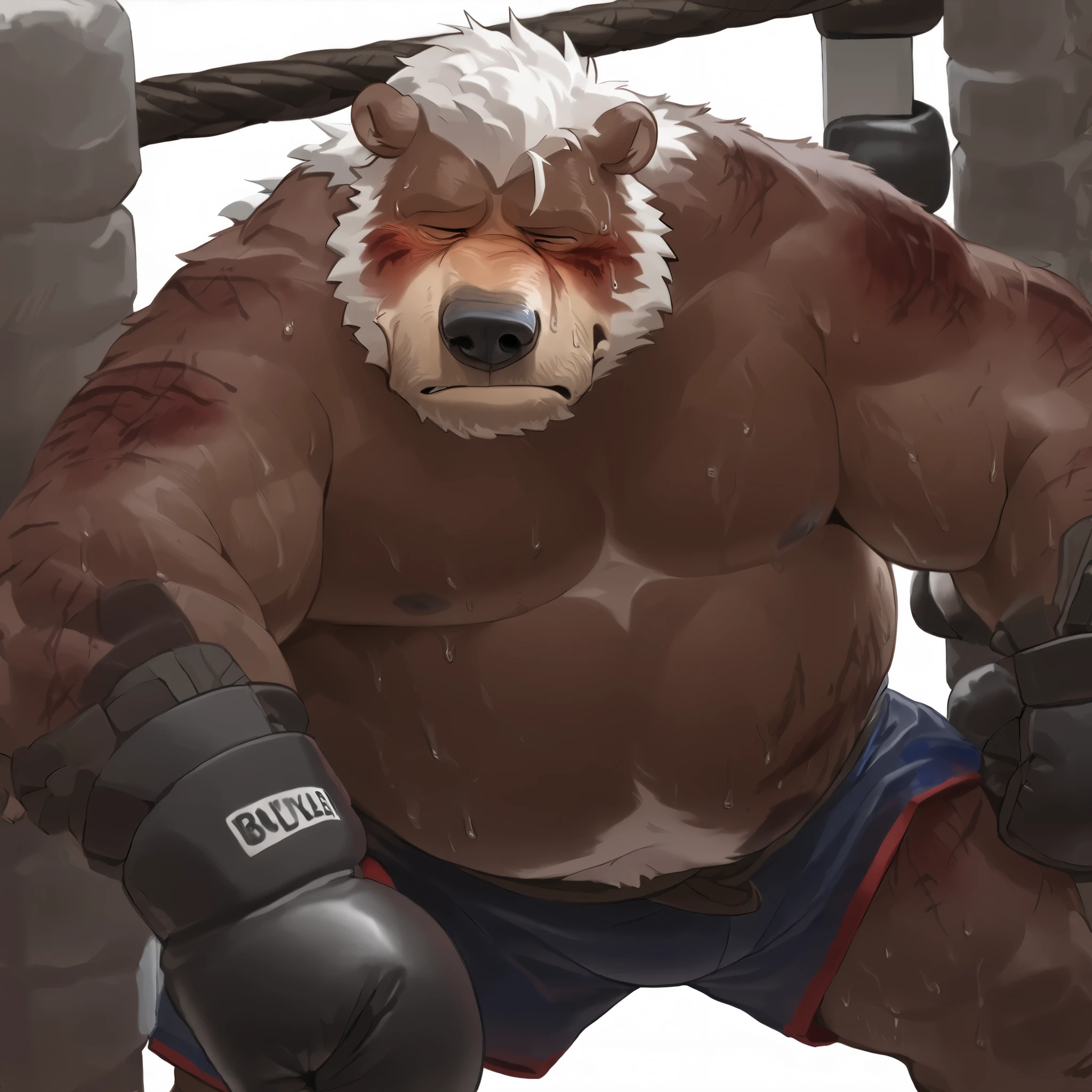 we do not _dragon, Digital Art , masterpiece, Alone, 1 personの男の子, 1 person, Portrait, (((Highlander,tired body,groggy、nosebleed、Where Hands Get Through、details ズボンから目が飛び出している , tired expression、 with large opening ))),bust up,huge muscular ,big belly body, ((white haired old bear swollen up)), ((( face_Swollen face_ marks of being hit body_Sweating body_Swollen body_ marks of being hit )))Boxing Gloves, black boxing shorts, person leaning on a boxing ring rope,bust up photo, details , details big belly muscle,Boxing Ring Background