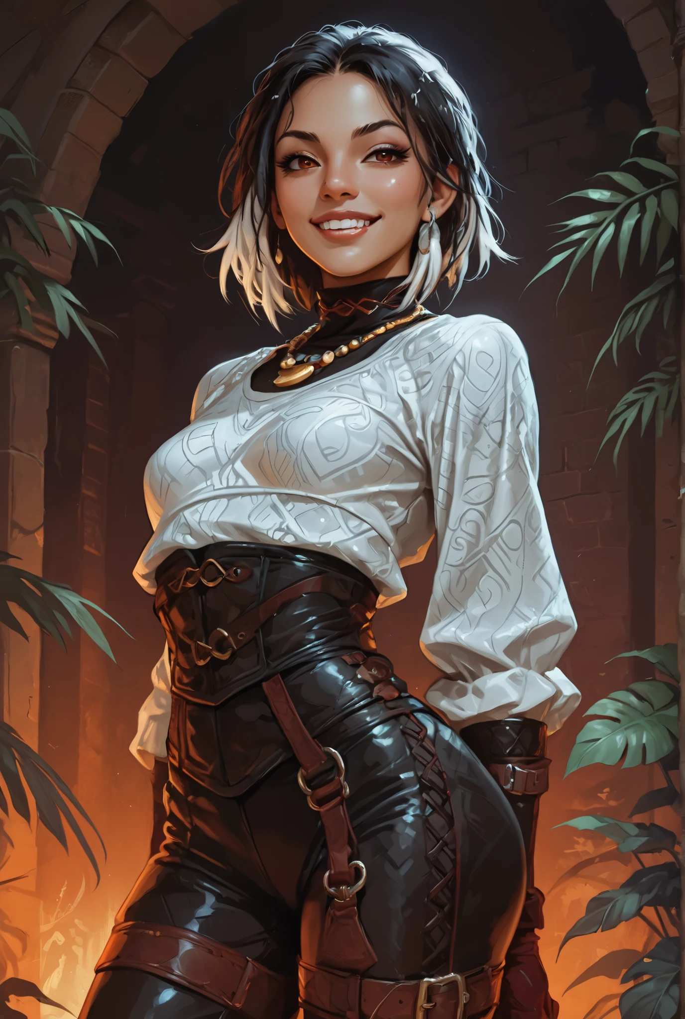 She looks like Elena from Street Fighter and has a horizontal scar across her nose. Inca girl with white dreadlocks with black highlights and silver pearls, red eyes, slanted Asian eyes, sharp teeth, black eyeliner, athletic body. Slender and athletic. Big boobs. Cute, round and young face. White highlights in her hair. She wears an intricate black and shiny snakeskin-leather-pants with stitches and garterbelt, corset with belts, and snakeskin-pattern, white silk shirt, long leather gloves. She also wears an amber necklace and silver bracelets. She has a small smile on her face. Atmospheric lighting. Looking at the viewer. Background: jungle temple background, hdr colours, semi-realistic