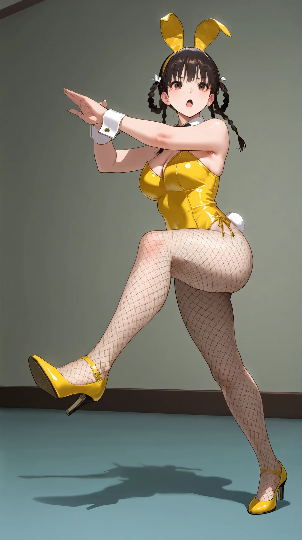 ((((Masterpiece)))), (((( top quality)))),  high definition,fine grain, detailed face ,  　,1girl,,,,, black hair, side braids, twin braids, braided hair rings, (brown eyes,,,,,,beautiful eyes:1.0),  bangs,slender,,,,,,,, leifan, ,,,cleavage,,,,yellow bunnygirl suit, sleeveless, High Heels,,,,, fishnet pantyhose,bow tie,cuffs,Bunny headband,,naked shoulders,,,soft brown eyeshadow, thin eyeliner, , ,, peach glossy lips,,,,,,,,, ,large Breasts,　　, ,,,,fighting stance,,serious,,,,(open mouth:1),(close eyes:0.0),,(close one eye,wink:0.0),,,,,,,(on all fours:0.0),, mai_pose_kf_1,fighting_stance, standing_on_one_leg,fighting_stance,,,full body