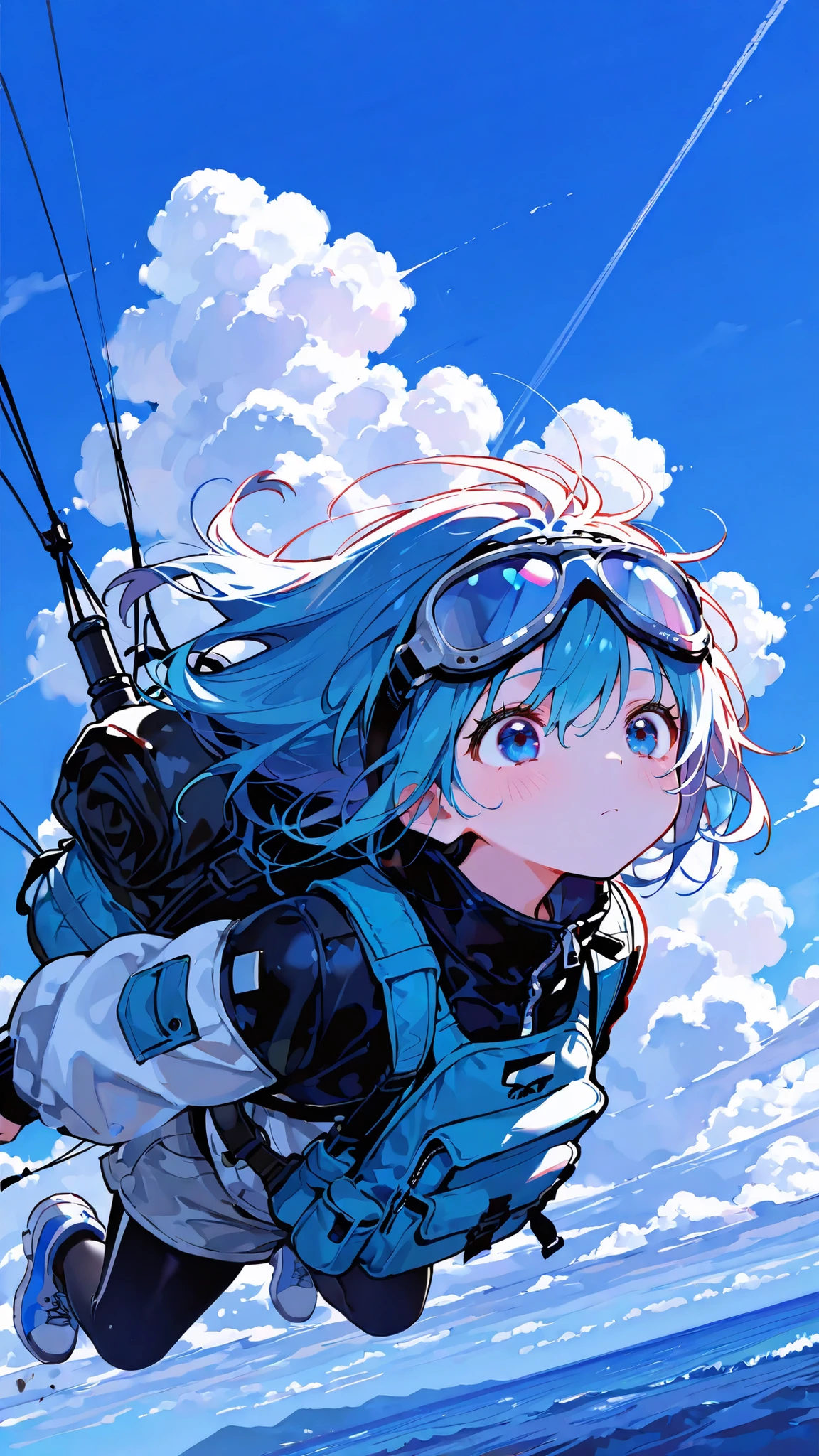 ultra-detailed,very detailed,(masterpiece, detailed:1.2), 748cmstyle, Cute, (masterpiece:1.2, highest quality), (beautiful detailed eyes:1.3), solo, extremely detailed, dramatic angle, motion blur, vivid colors,Cute girl, free falling, vast blue sky, white wispy clouds, distant horizon, wind-blown hair and goggles, serious yet slightly thrilled expression, medium shot, parachute pack, sense of speed, dynamic angle.