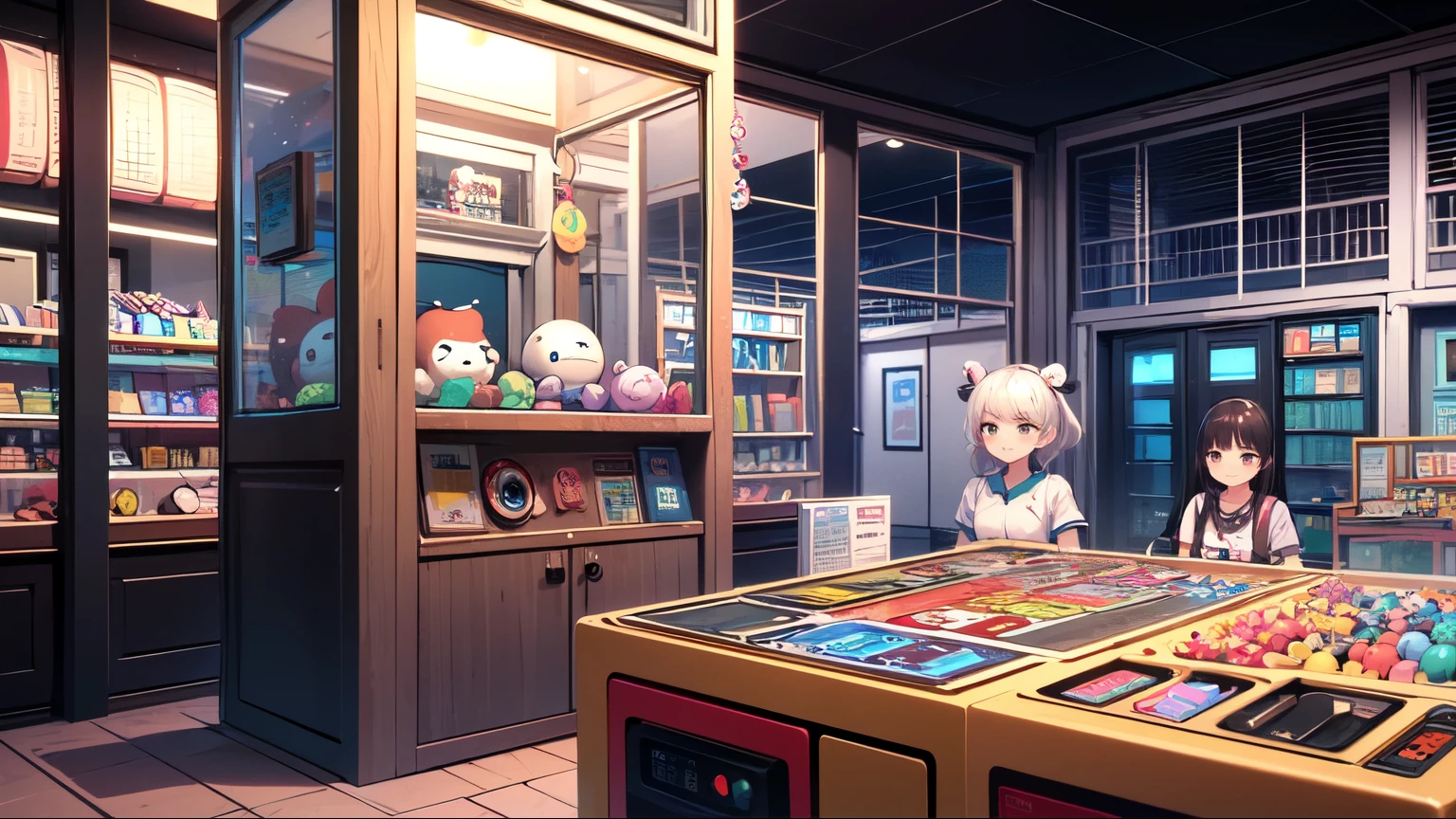 (((masterpiece))), (((Highest quality))), ((Claw Machine)), Place your hand on the bottom panel, Operate the long joystick、Press the button, Use the clamp to lift the toy, Komi Shoko, Claw Machine,  Rear View,