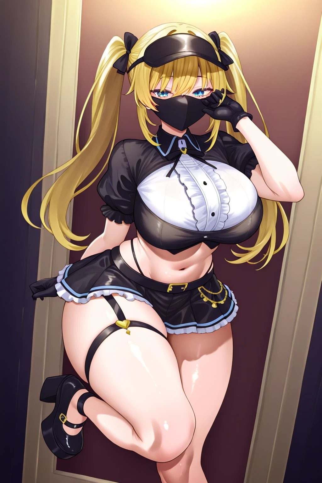 highest quality,wonderful,finely,extremely detailed CG Unity 8K wallpaper, (girl, very long hair, blonde, clothed), (nun :1.2), (), (cleavage cutout), (open mouth:1.1), (long tongue:1.1), (mouth drool:1.1), (black stockings:1.1),(Thighs:1.2),(Waistline:1.2),(black blindfold, blindfold:1.5)