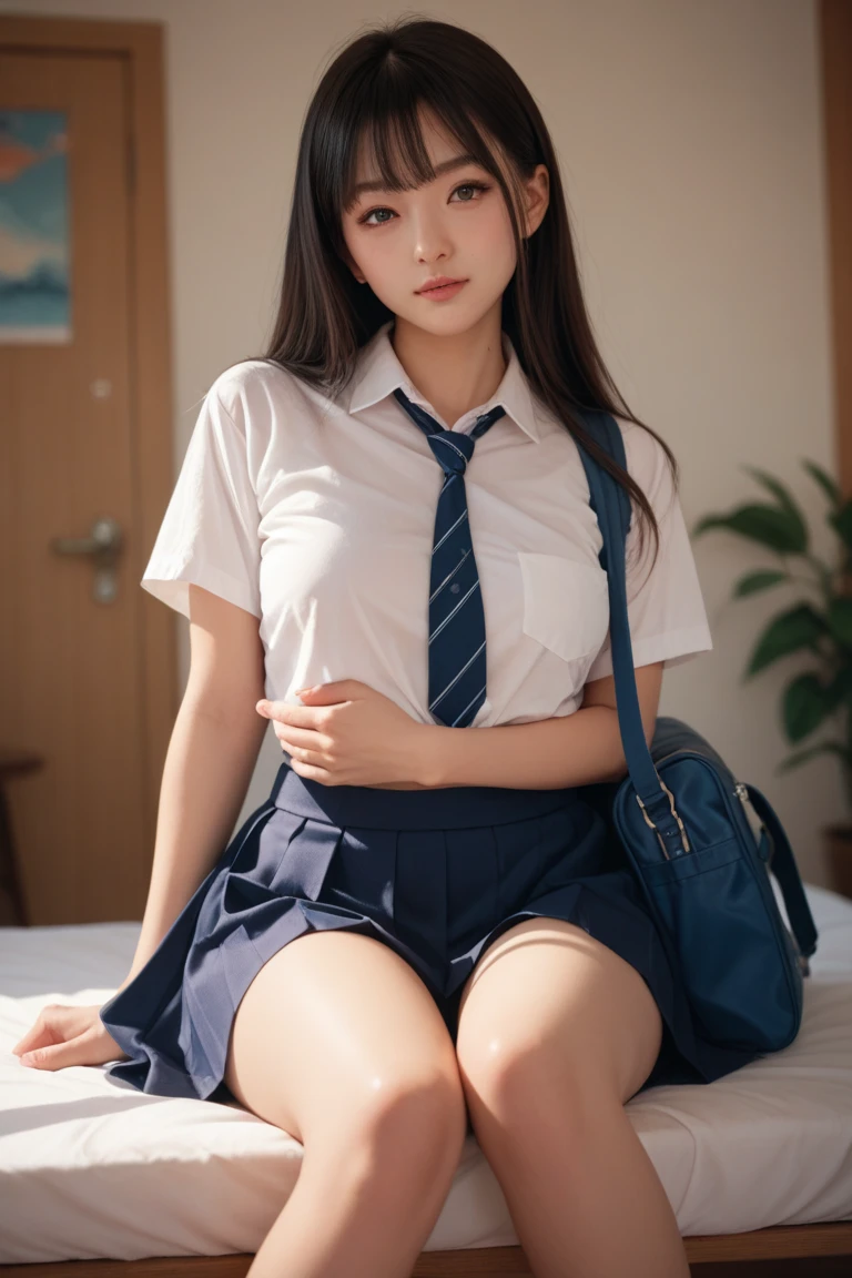 ( for the camera:1.5)、（:1.5）、（I can see my pants:1.2）、((No makeup:1.2))、(realistic、Photoreal、super detailed、best detailed skins、highest quality、masterpiece、Super high resolution)、cute japanese woman、17 years old、high school girl、young girl、1 girl、have bangs、double eyelid、purity、double teeth、realistic肌タイプ、fluffy hair、red cheeks、(school uniform shirt）、white shirt with collar、checked skirt、（black hair）、bright classroom、（school classroom）、machine、Chair、bright atmosphere、8K RAW photo、High resolution、(very big round :1.2)、beautiful eyes、detailed eyes、drawn in detail、long eyelashes、美しいdouble eyelid、beautiful and very thin legs、（Beautiful and very thin thighs）,simple necklace、extremely short skirts、Quite embarrassed look、red cheeks、（troubled face）、（camera angle from below）