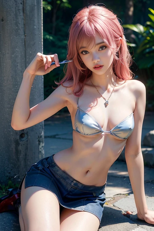 Background blue sky with rainbow,18-year-old woman,Platinum-coloured hair,(High Top Fade:1.3),Shoulder-length hair,(Hair with pink gradation at the ends),((Pale red eyes)),Dark Theme,Calm tone, Calm colors,High Contrast, (Natural skin texture,Hyperrealism,Soft Light, sharp)smile,Large size white raincoat,Black innerwear,((Flat Chest)),Shoulders exposed skin,The belly button and the surrounding area are exposed,A beautiful girl,((Are thin)),((Small Ass)),((Small waist)),((Slender girth)),