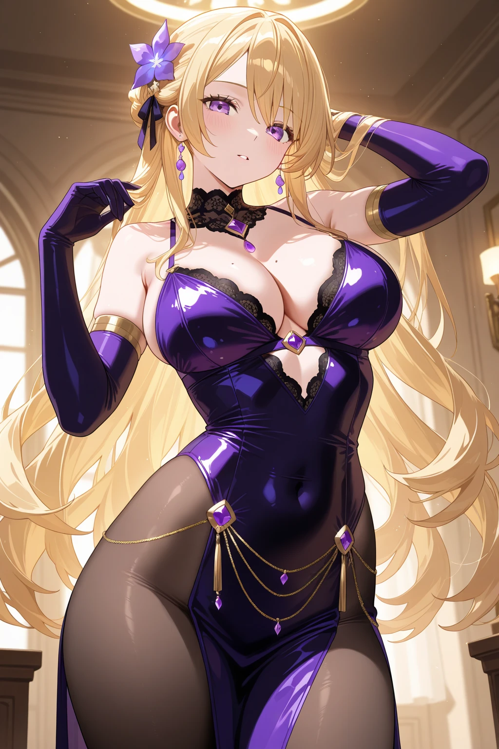 best quality, (masterpiece),(ultra-detailed), (high quality), (high resolution), ((3heads:1.5)), best quality:1.5, highres, UHD, 16K), smiling, highres, masterpiece, ((golden blonde hair)), cleavage, ((black dress)), lustrous and smooth skin, , (mature woman),  silhouette, ((slim )), casual dress,  proportions, Beautiful girl with accentuated slender abs, long legs,  woman, background, necklace, body con dress, strapless, sleeveless, blue green eyes, long hair, ponytail